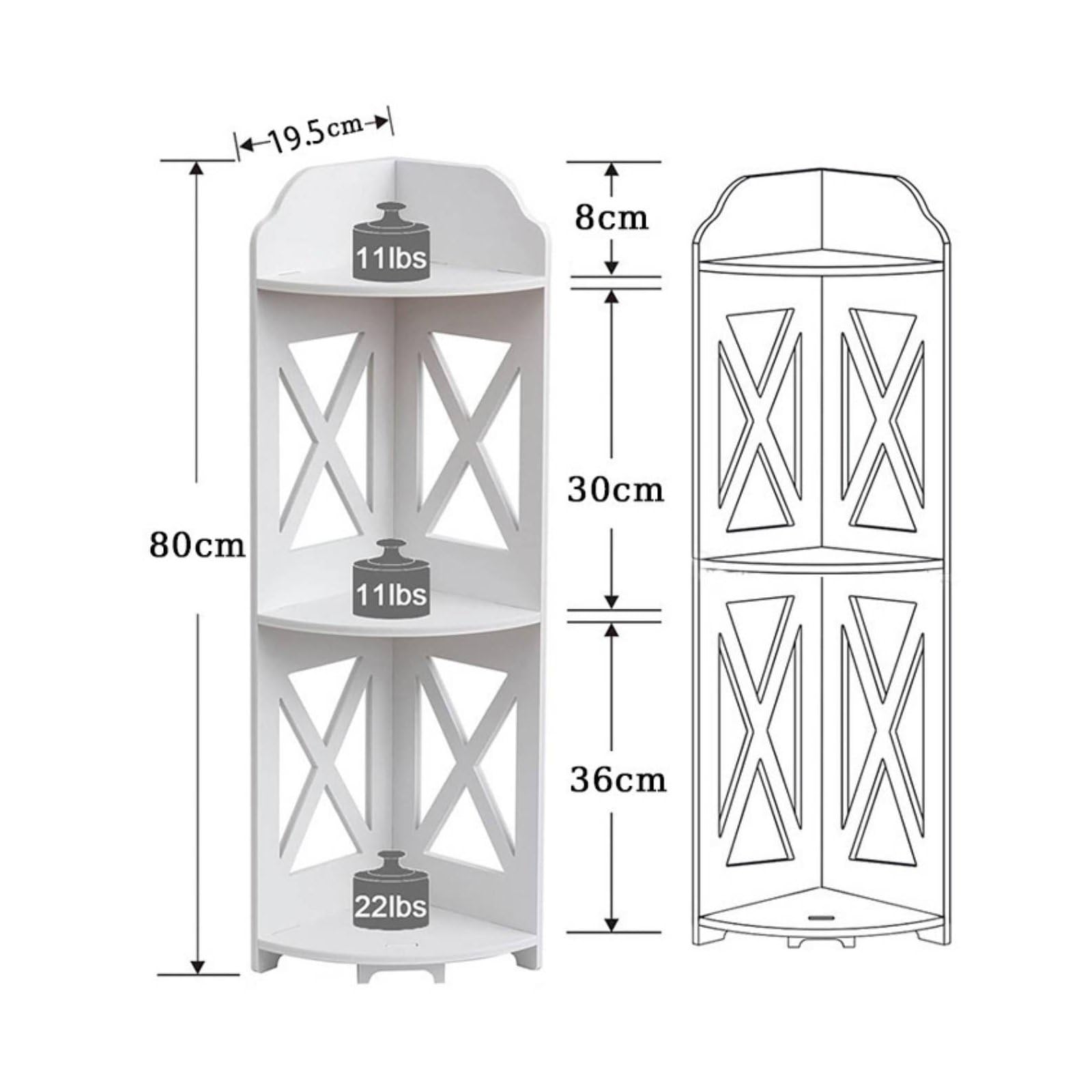 Amagogo Étagère d'Angle Salle de Bain Étagère de Meuble de Rangement Support à Trois Étagères PVC sans Outil Adaptée à Salle de Bain Salon Balcon, Étagère D Angle En X De 80 Cm De Haut