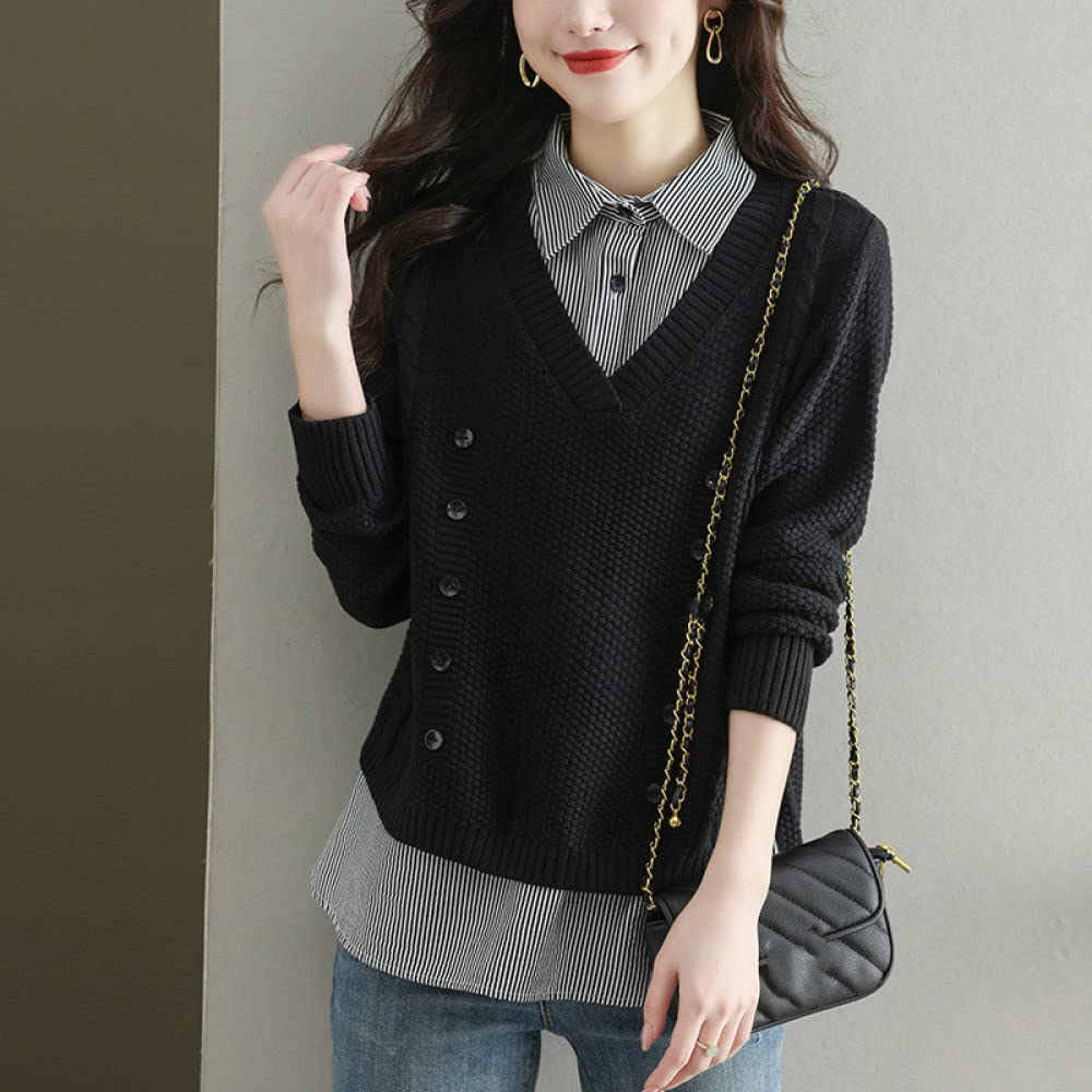 Langarmshirts Für Damen,Gefälschtes Zweiteiliges Damenhemd Vintage Schwarz Knopf Twist Stricknähte Revers Gestreiftes Hemd Langarm Lässig Stilvoll Top Kontrastbluse Pullover Strickpullover Tunik