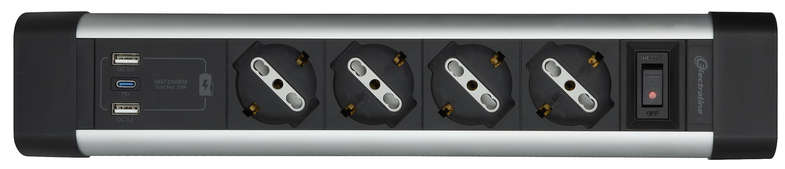 Electraline 61918 Multipresa Scrivania 4 Posti Polivalenti, Schuko + 10/16 A, con 3 USB (2 USB A 3.0A + 1 USB C 20W Power Delivery), Cavo H05VV-F 3G.1 lunghezza 2M, protezione contro sovratensioni