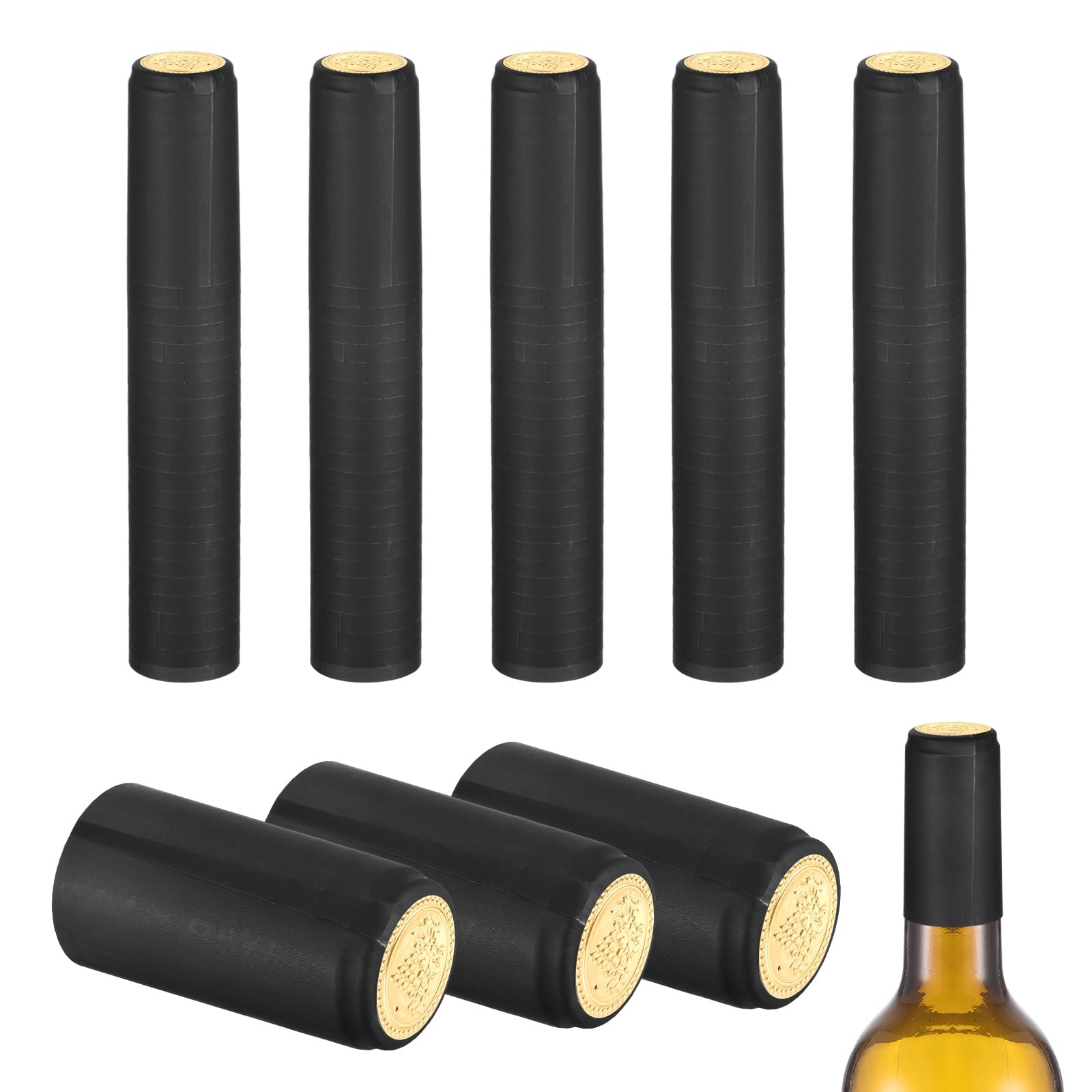 sourcing map 150Pcs PVC Heat Shrink Capsules, 32mm x 50mm Wine Bottle Capsules Shrink Wrap Sleeves Bottle Corks Caps for Wine Making Cellars and Home Kitchen, Gold Grape/Black