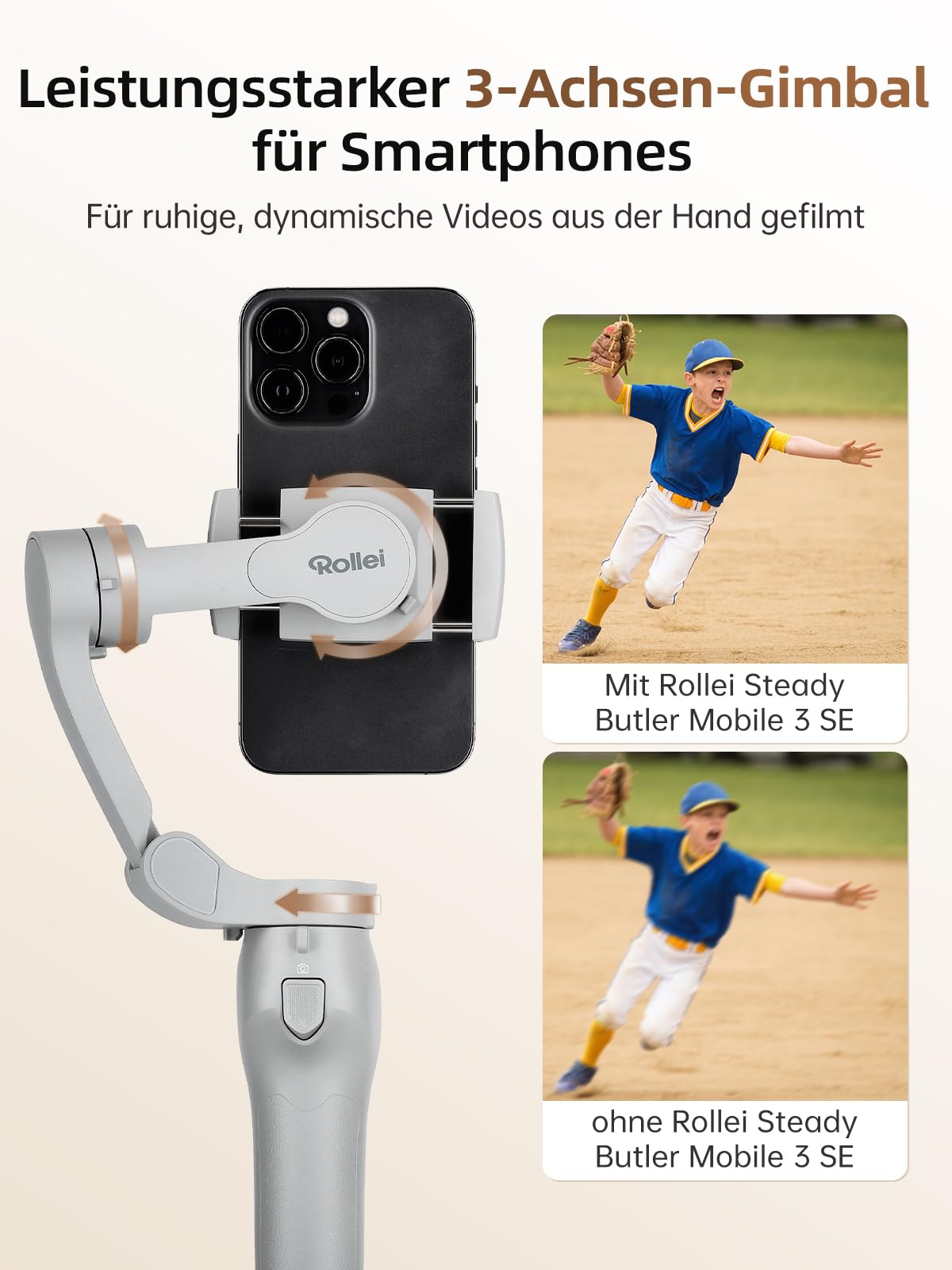 Rollei Steady Butler Mobil 3 SE Gimbal Smartphone 3 Achsen | Handy Stabilisator Leichter 280g mit App Steuerung Kompatibel mit iPhone Android, Gimbal-Smartphone-Handy-Stabilisator-Video