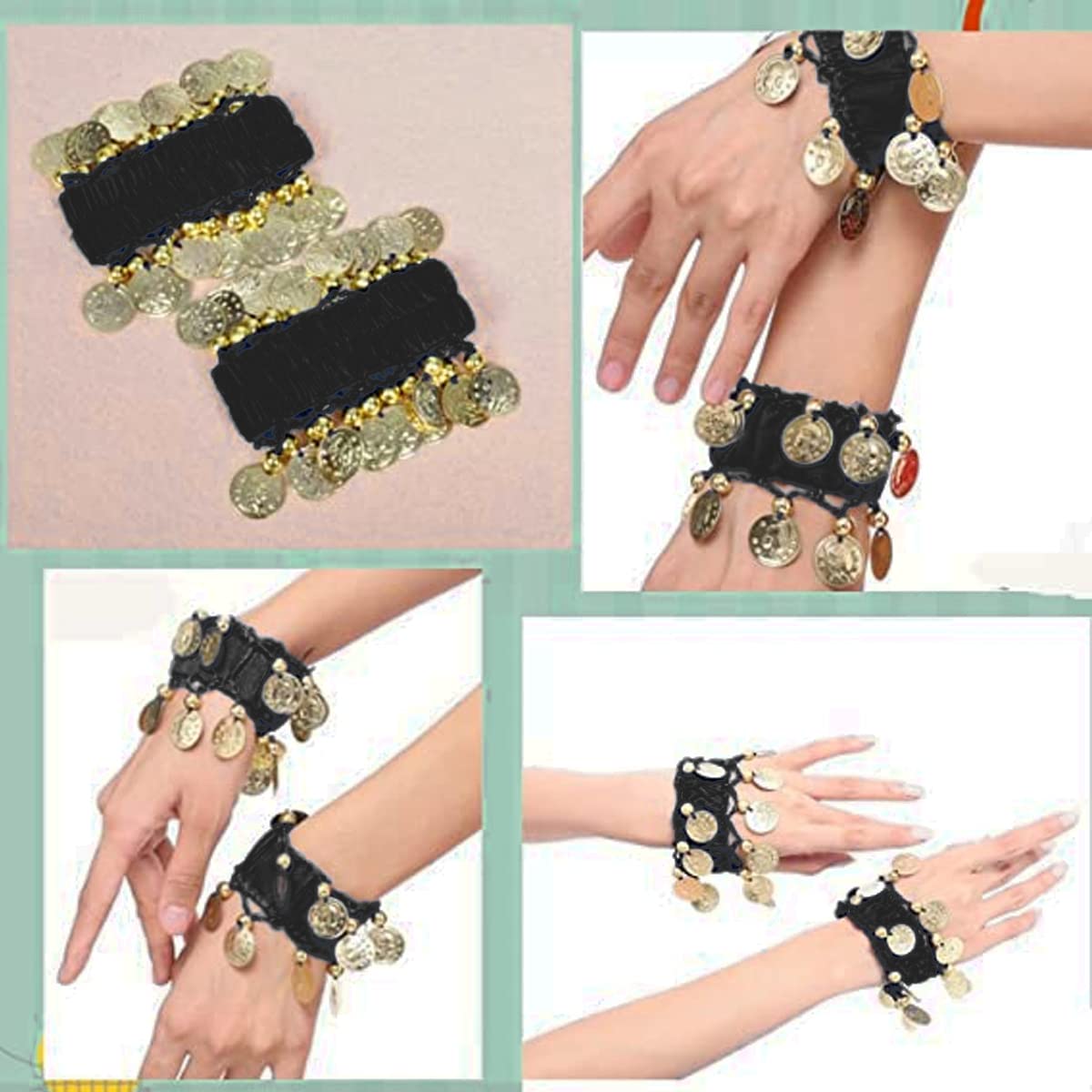 SamHeng Bufanda de danza del vientre con pulsera, 128 monedas cinturón envolvente de falda de danza del vientre con pulseras de tobillo, cadena de cintura de cinturón de falda de baile