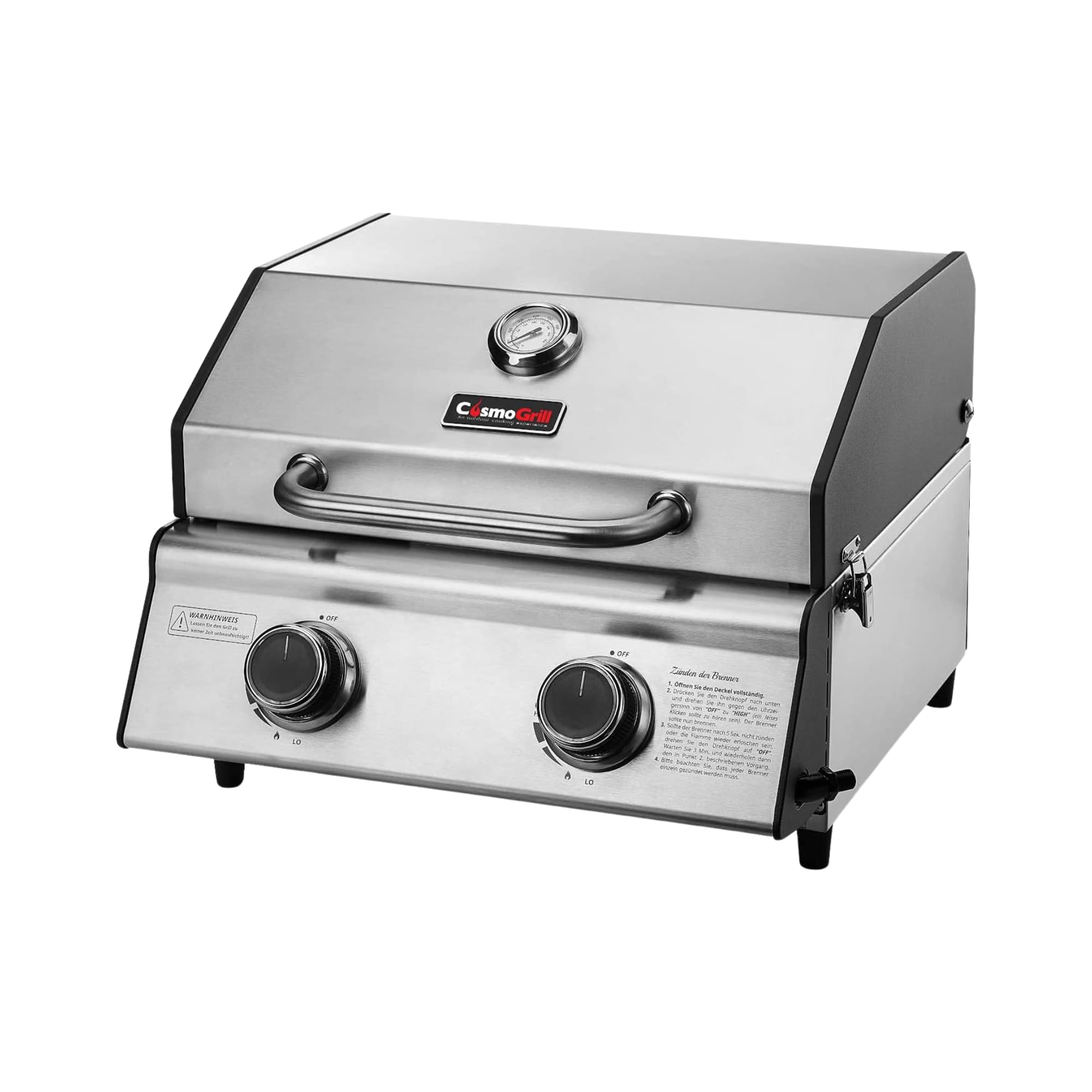 Compact Gas Stainless Steel 2 Burner Barbecue, Built-in Temperature Gauge for Patio Terrace, Camping, Home Garden Party Outdoor BBQ Table Top Cooking