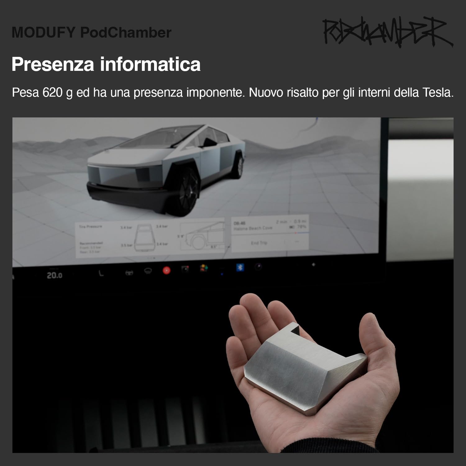 PodChamber Tesla esclusivo Supporto di ricerca per Auricolari abilitati Qi (Compatibile con Qi / Earbuds / Soundcore P40i / NOTHING Ear / Cybertruck / Stainless / Model3 / ModelY / Tesla)