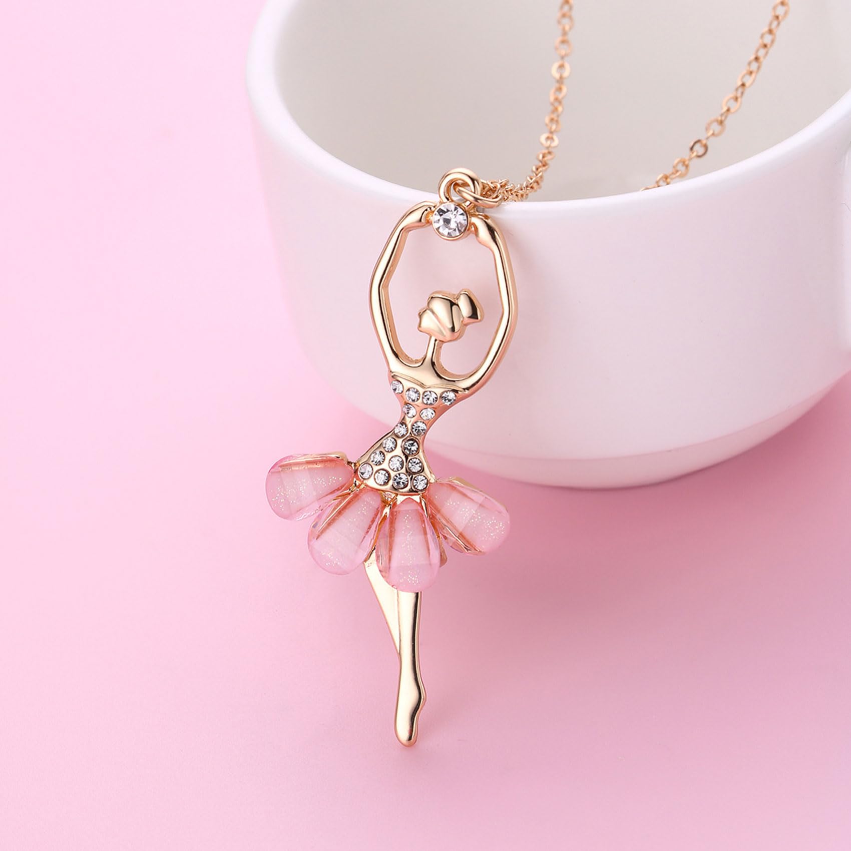 CERSLIMO Girls Necklaces - A Girl Dancing Ballet Dainty Necklace with White Cubic Zirconia & Pink Petal Skirt, Elegant Cute Necklace for Girls Kids Jewellery Gifts Birthday Christmas