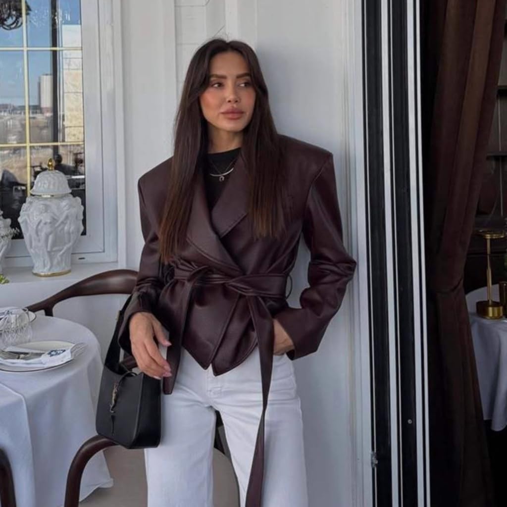 Leather Jacket Women Vintage Style Motorcycle Bomber Blazers Long Sleeve Waist Belt Faux Leather Biker Jacket Women - Image 2