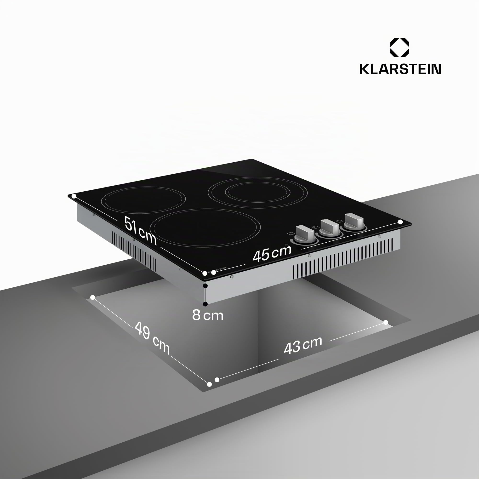 Klarstein Glaskeramik-Kochfeld – 45 cm Glasoberfläche, 3-Zonen-Elektrokochfeld mit Dual-Zone, Drehregler, 4700 W, Restwärmeanzeige & Kindersicherung, leicht zu reinigende Kochfläche
