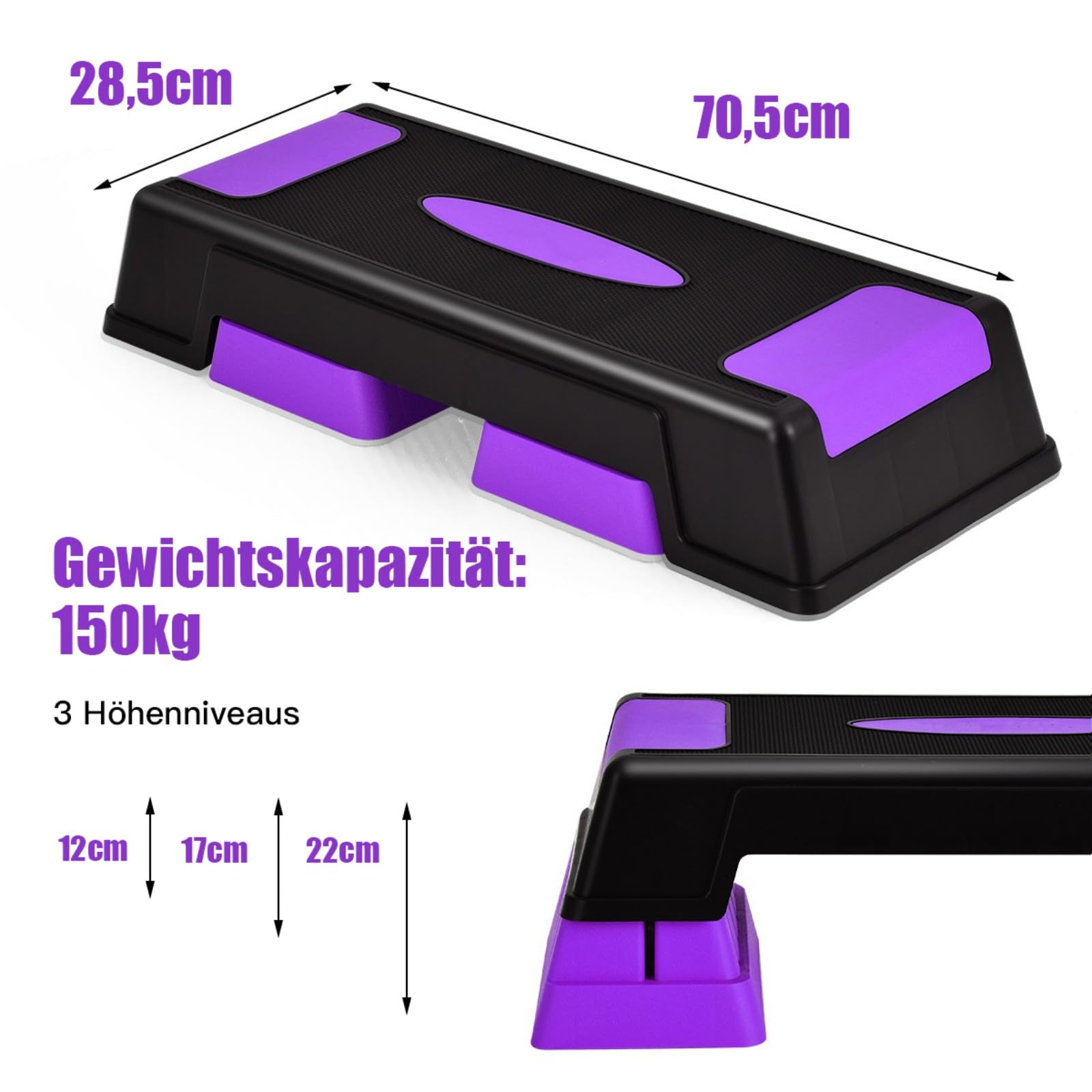 GYMAX Aerobic Stepper höhenverstellbar, Steppbrett mit 3 Stufen 12/17/22cm, Step Bench mit rutschfesten Pads, Trainingsbrett für Zuhause, Büro & Fitnessstudio