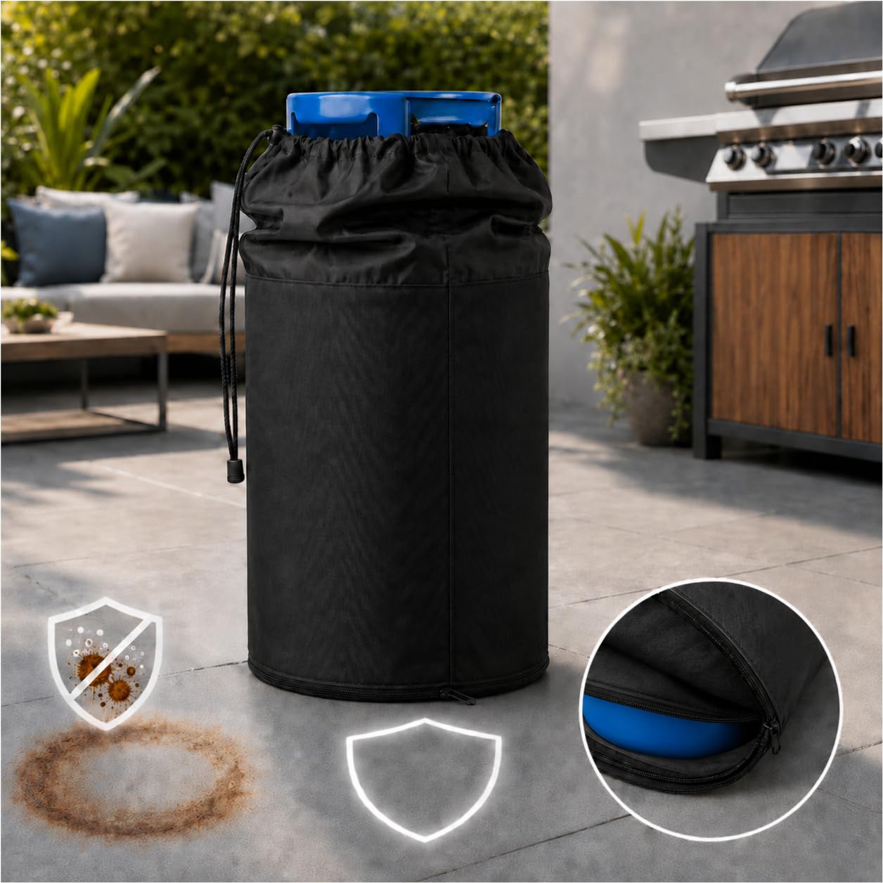Gasflaschen Abdeckung 11 kg für Grill und Camping Gasflaschenhülle mit Kordelzug Reißverschluss stabilem Boden Vollabdeckung Wasserabweisend Winddicht Staubdicht für Garten Terrasse Balkon Schwarz Sport & Freizeit