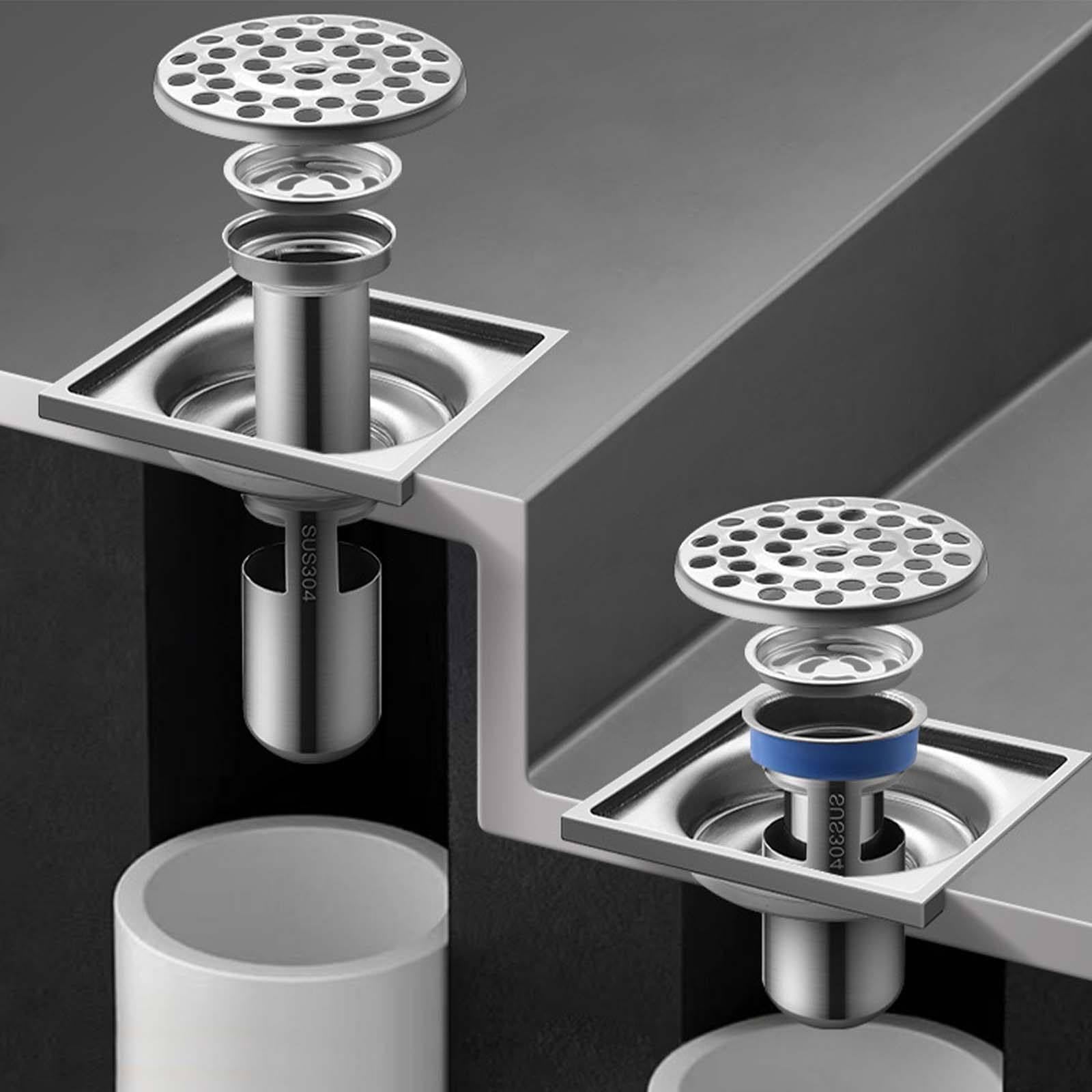 Bonde Douche Acier Inoxydable Siphon Douche Carré Bonde de Douche Amovible Bonde Douche Extra Plate Couleur Brossée Siphon de Sol 100 * 100mm Convient pour Balcon, Salle de Bain, Cuisine
