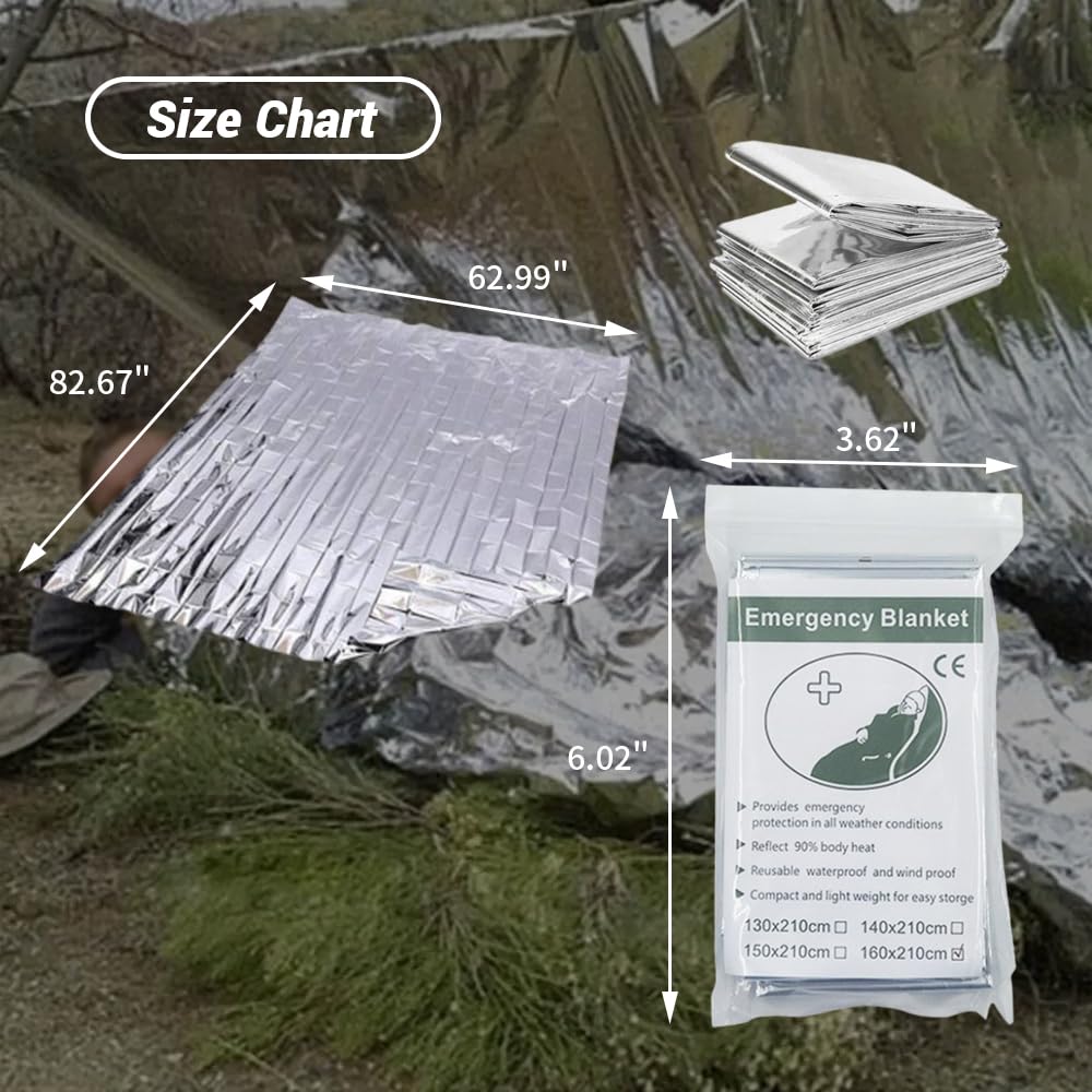 Lot de 20 couvertures d'urgence en Mylar, 160 x 210 cm, Double Face, argentées, pour Le Froid, équipement et Fournitures de Survie pour Premiers Secours, randonnée et abris.