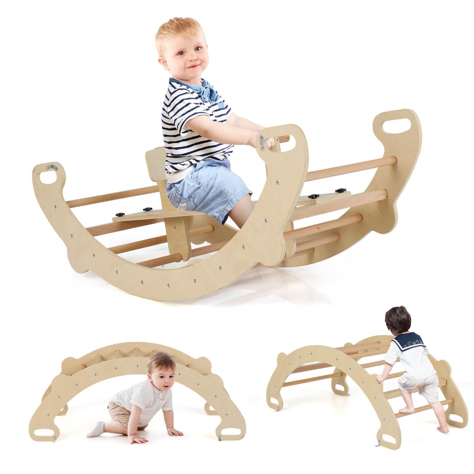 COSTWAY Arco de Escalada para Niños Montessori, 4 en 1 Juguetes de Escalada de Madera, Juego de Interior con Escalador de Arco, Balancín, Túnel para Gatear, Respaldo y Asiento Lisos (Natural)