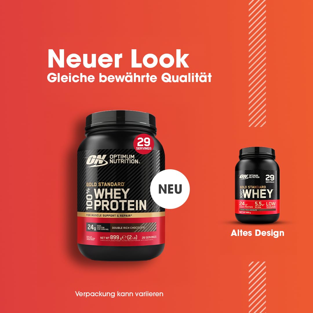 Optimum Nutrition Gold Standard 100% Whey, Proteinpulver, Geschmack Double Rich Chocolate, 899g, 29 Portionen, Verpackung Kann Variieren