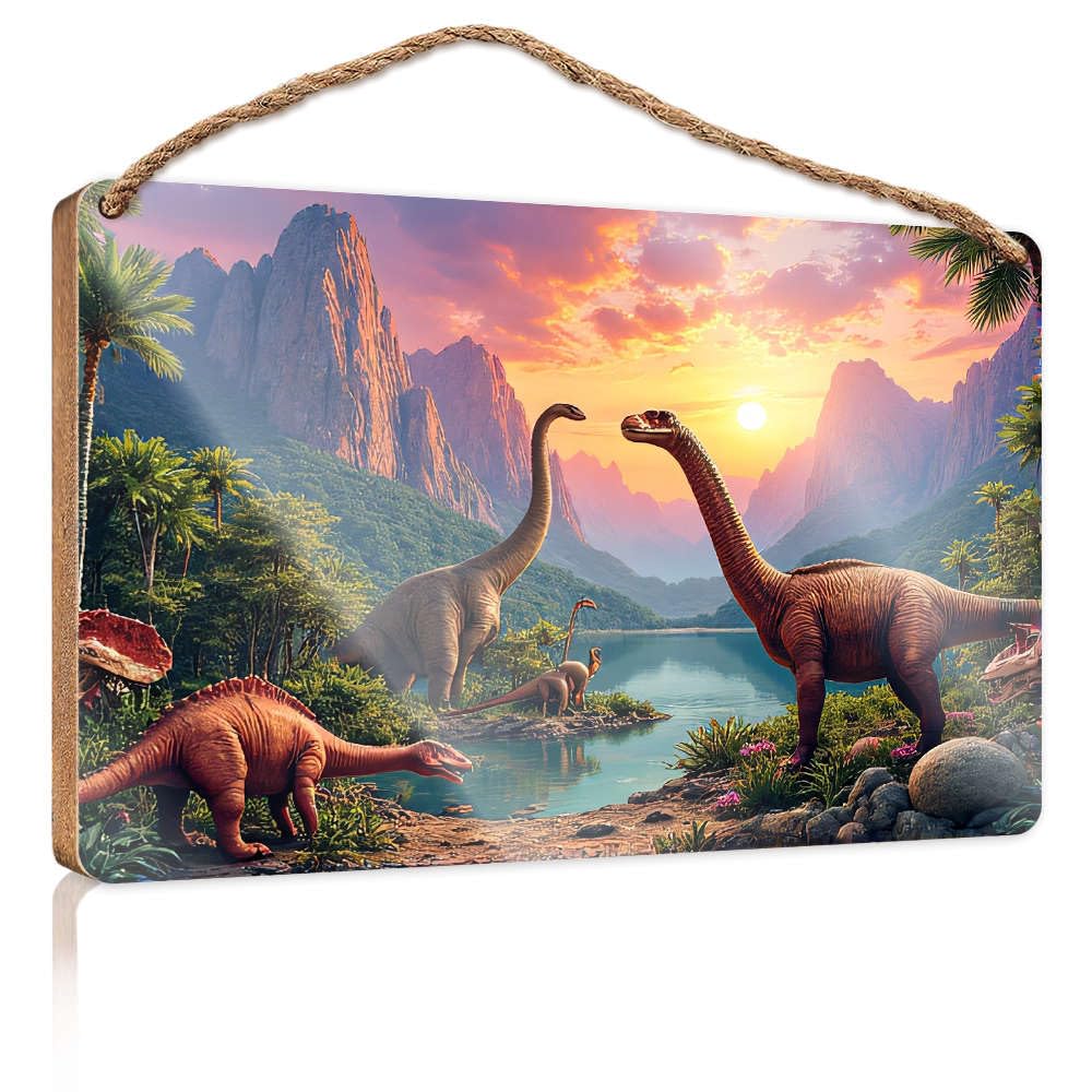 Home Hanging Sign Dinosaurs By The Lake At Sunset. Small Wooden Signs With Sayings Funky Home Decor(15X28CM)