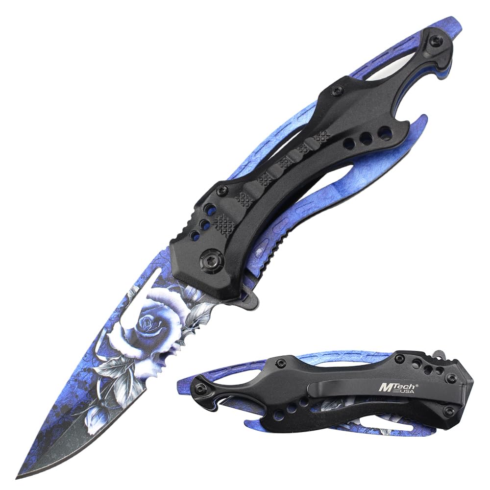 MTECH USA Folding Knife, 3.75-Inch Half-Serrated Blade, Titanium Coating, Glass Breaker, Pocket Clip