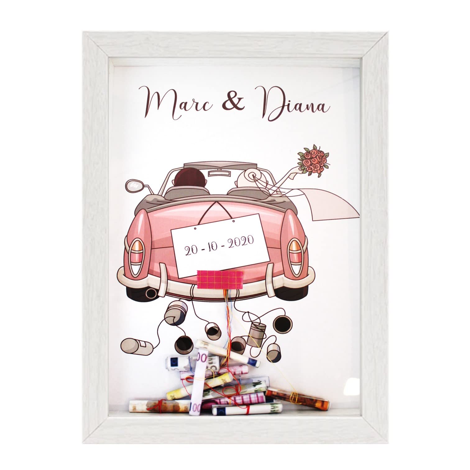 Didart Handmade Cuadro para bodas para regalar dinero. Personalizado. Tamaño A4.Regalo boda. Marco blanco 3D. Recuerdo Boda. Hecho en España