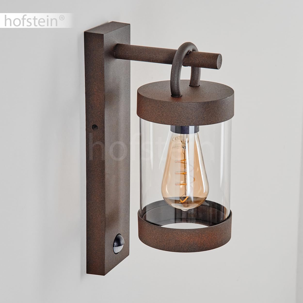 HOFSTEIN Außenwandleuchte Fulham, Außenwandlampe mit Bewegungsmelder aus Metall/Kunststof in Rost/Klar, Wandleuchte außen Down im modernen Design, E27, IP44, Hof, Eingangsbereich, Terrasse, Haustür