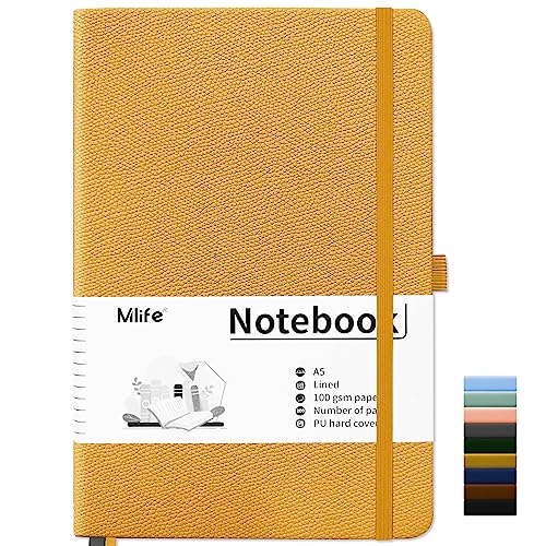 Mlife Cuaderno Rayado A5,Libreta con 200 páginas,Papel grueso de 100g/m² resistente a la tinta,Notebook con Tapa Dura de PU,Bolsillo interior,Banda elástica,Bullet Journal & Journal Diary(Amarillo)