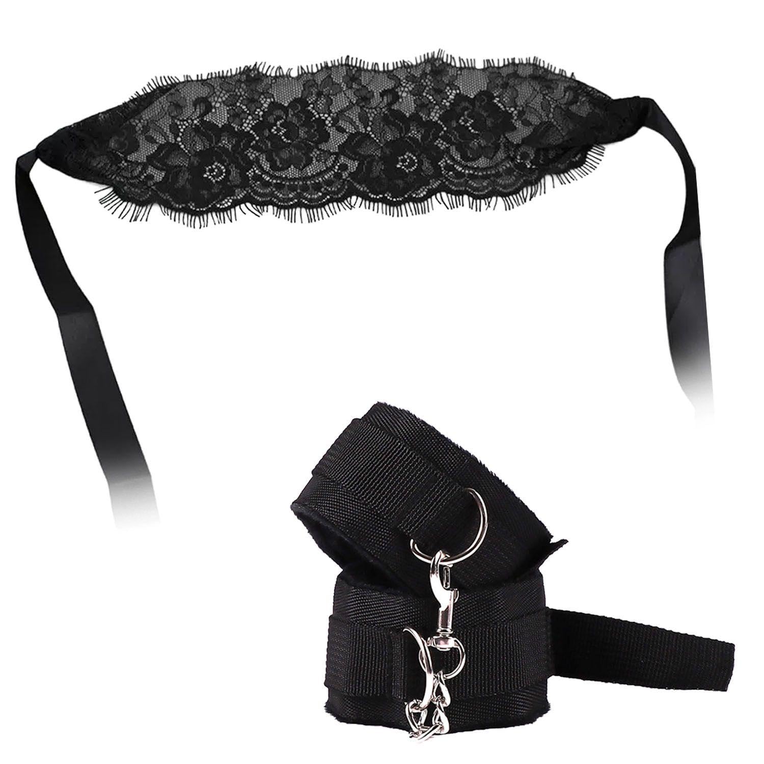 Oodjvn Women's Black 1 Pair Of Sexy Handcuffs, 1 Piece Of Lace Eye Mask, Game Handcuffs, Sexy Eye Mask, For Couples.