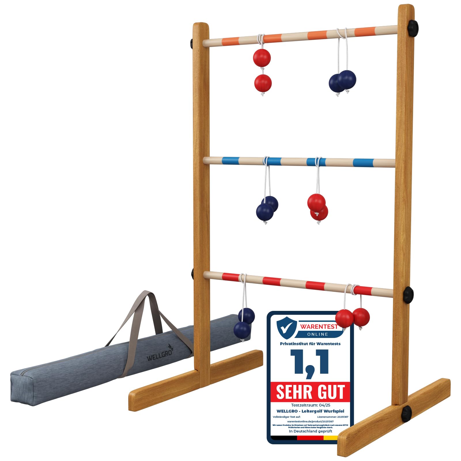 WELLGRO Leitergolf aus Holz - Kiefernholz massiv - inkl. Aufbewahrungstasche und Spielanleitung - Wurfspiel, Geschicklichkeitsspiel, Leiterspiel