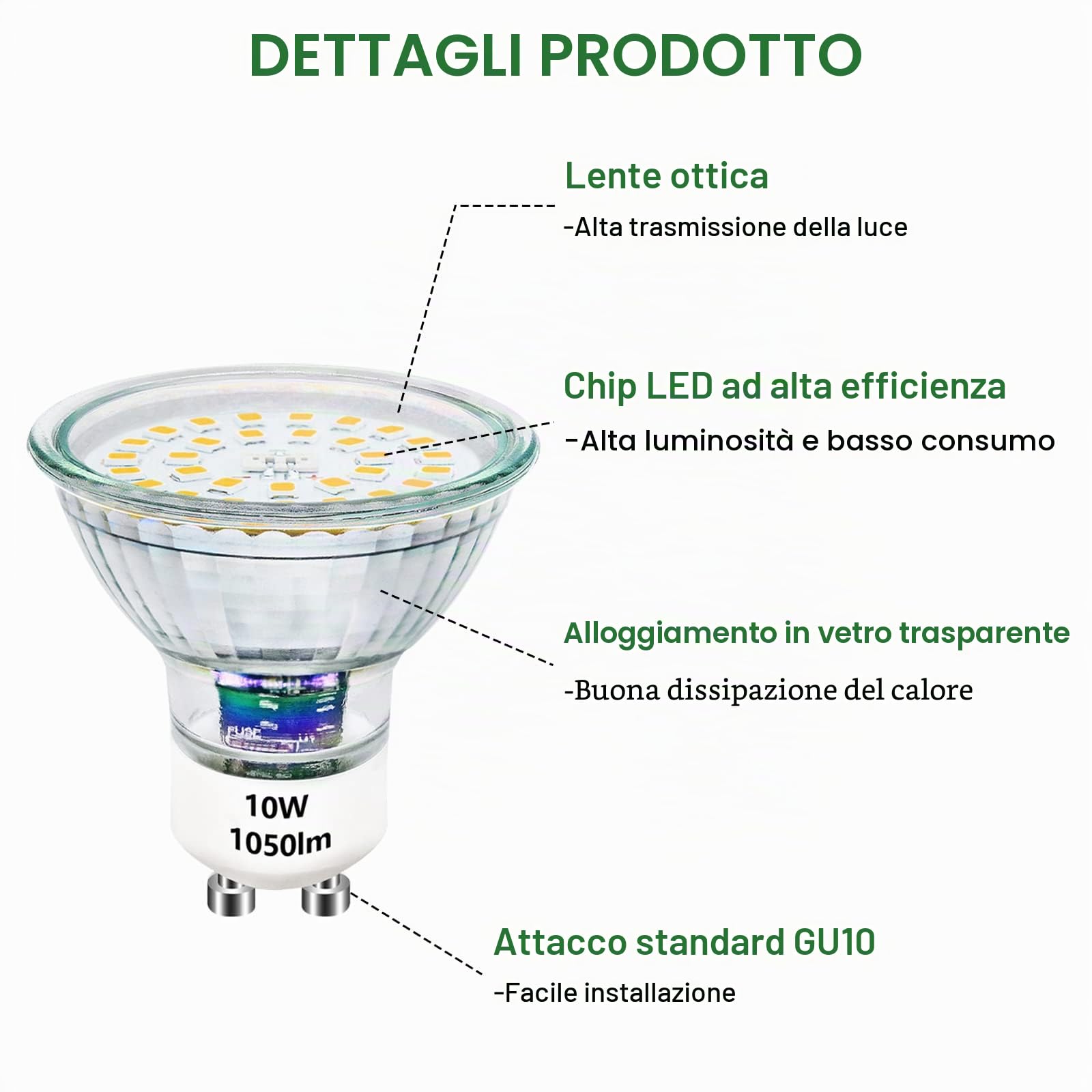 Lampadina GU10 LED Dimmerabile 10W Lampadine Equivalente alogeno 100W Lampadine Alogene Luminose 1050Lumen 4500K