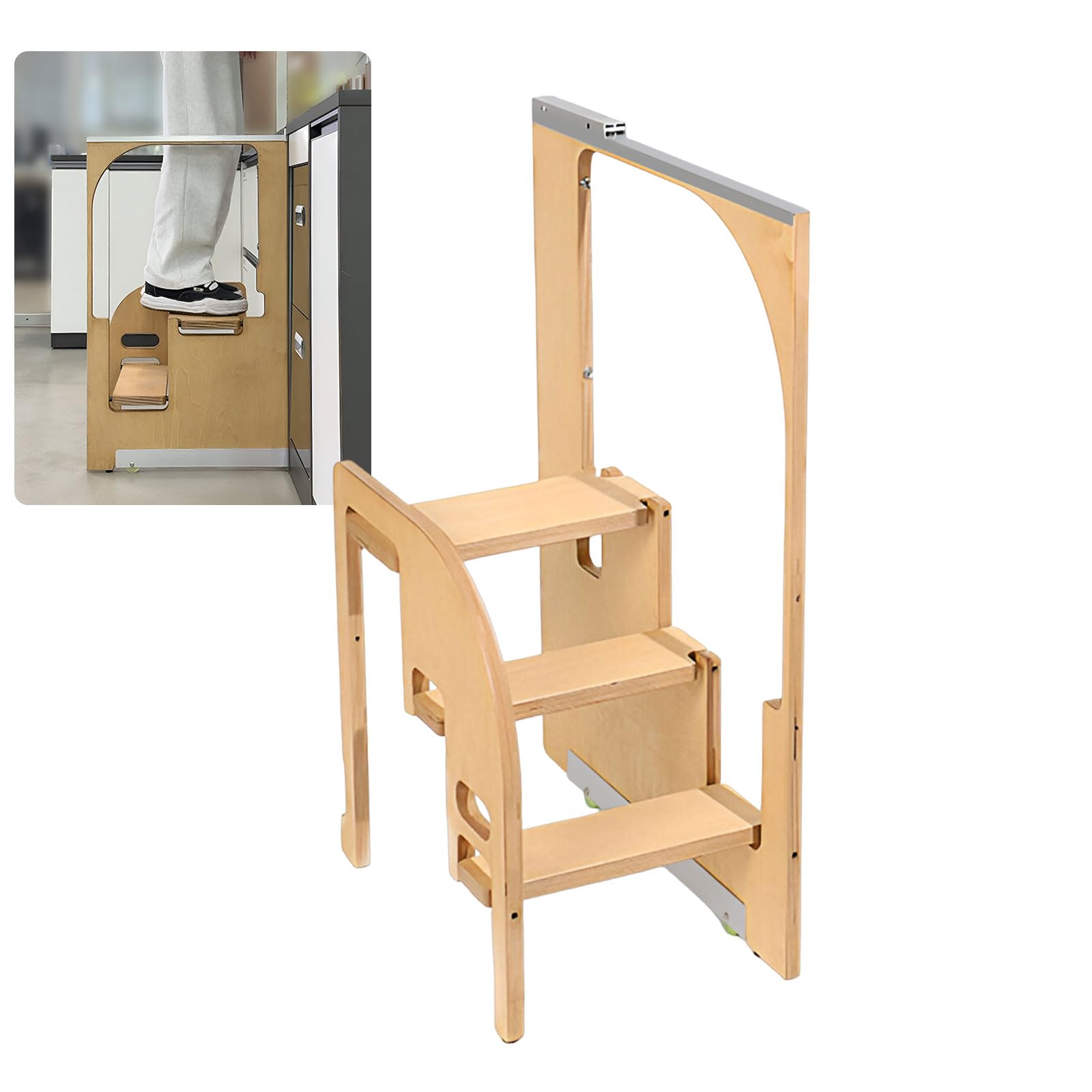 Photo 1 of 2 Step Ladder Folding Step Stool for Adults Wood Hidden Step Stool Foldable for Kitchen, Open on Either Side, 440 Lbs Heavy Duty Capacity for Home,Bathroom,Closet (3 Step)