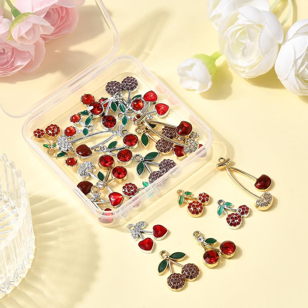 SUNNYCLUE 1 Box 24Pcs 12 Styles Rhinestone Cherry Charm Summer Fruit Charms Bulk Gold Silver Metal Alloy Sparkling Red Cherries Shaped Pendants for Jewelry Making Bracelets DIY Crafts Accessories - Image 7