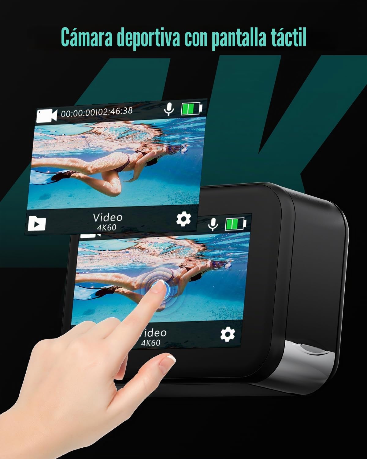 4K60fps Cámara Acuatica Pantalla Táctil - Cámara Subacuática 10M con 64G Tarjeta SD, HD 48MP WiFi Cámara Deportes Estabilización 6-Axis,8X Zoom Cámara de Acción con Casco Accesorios