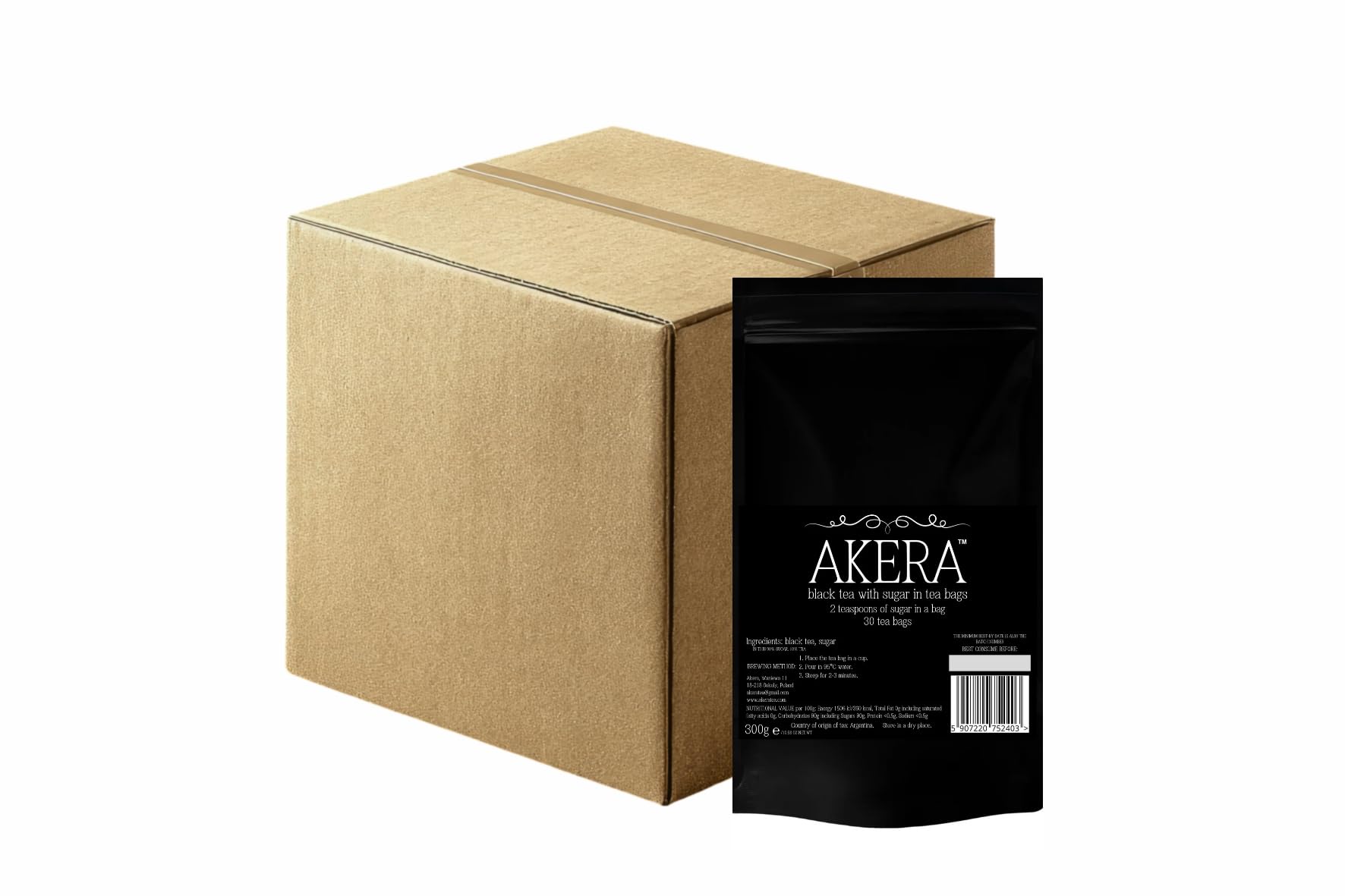 Black tea with sugar, 30 tea bags, box in bulk, AKERA tea 300g, 20 doypacks