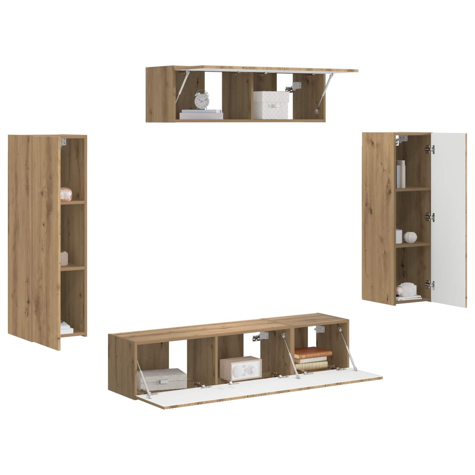 Mueble de TV de 5 piezas de roble Artisan, mueble de TV montado en la pared, moderno centro de entretenimiento para salón, mucho espacio de almacenamiento, disposición flexible, 31 x 29,5 x