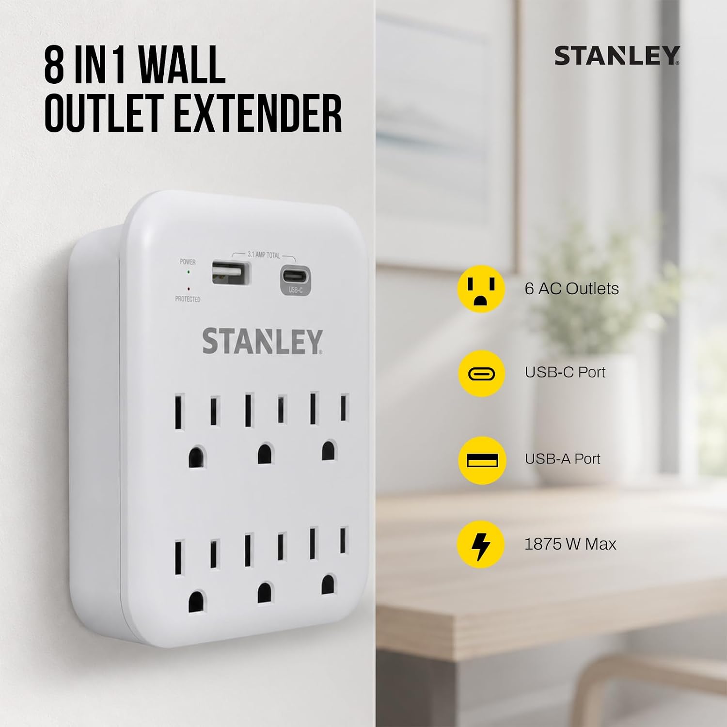 STANLEY Surgepro Surge Protector Outlet Extender with 6 Grounded Outlets 1 USB-C and USB-A (3.1A) Ports 1200 Joules Surge Protection 125V/15A 1875W Wall Adapter for Homes and Shared Spaces ETL Listed