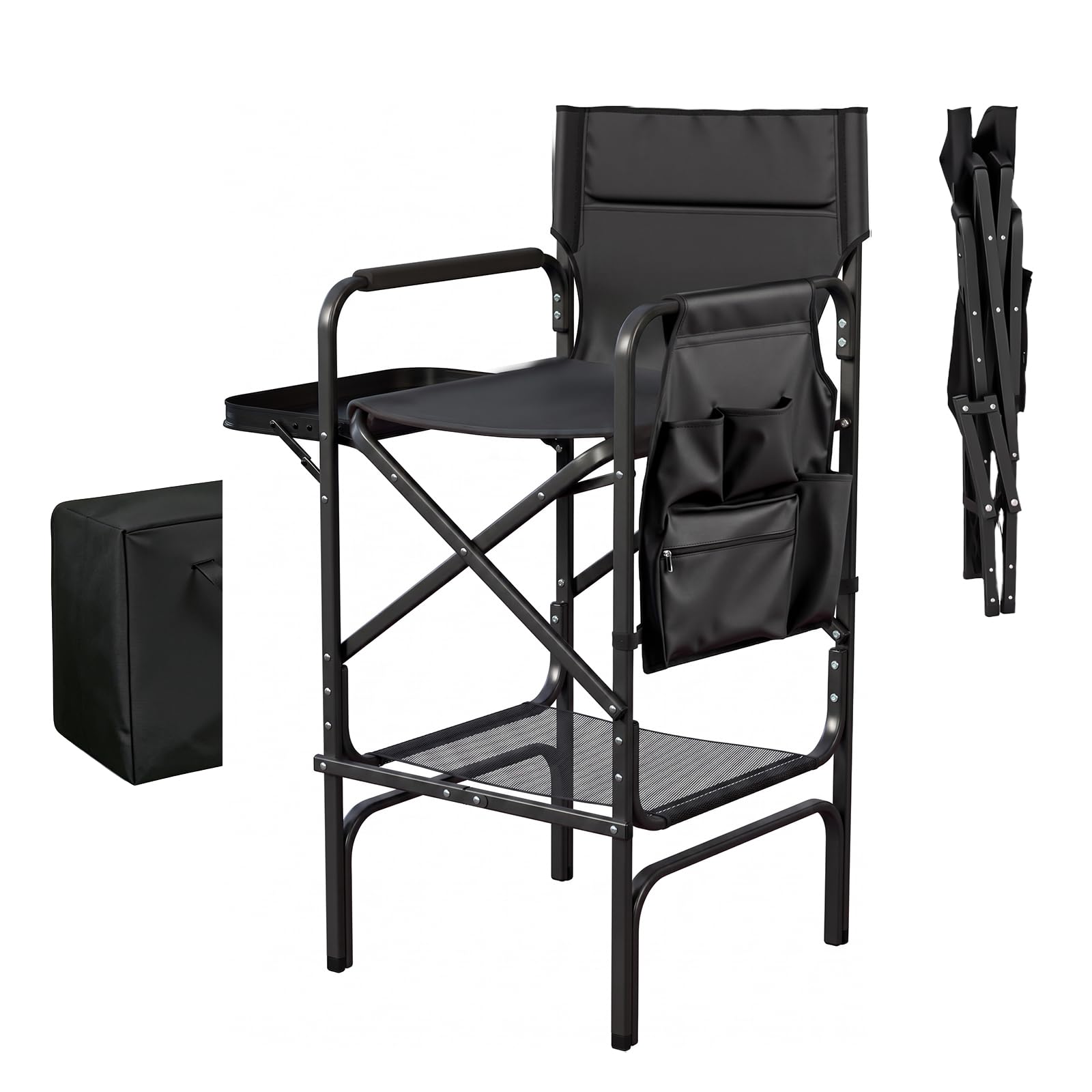 VINGLI 31" Tall Director's Chair for Makeup Artist, Aluminum Portable Makeup Chair with Retractable Side Table & Footrest,Supports 300 lbs, Foldable Makeup Chair for Studio, Black & Black