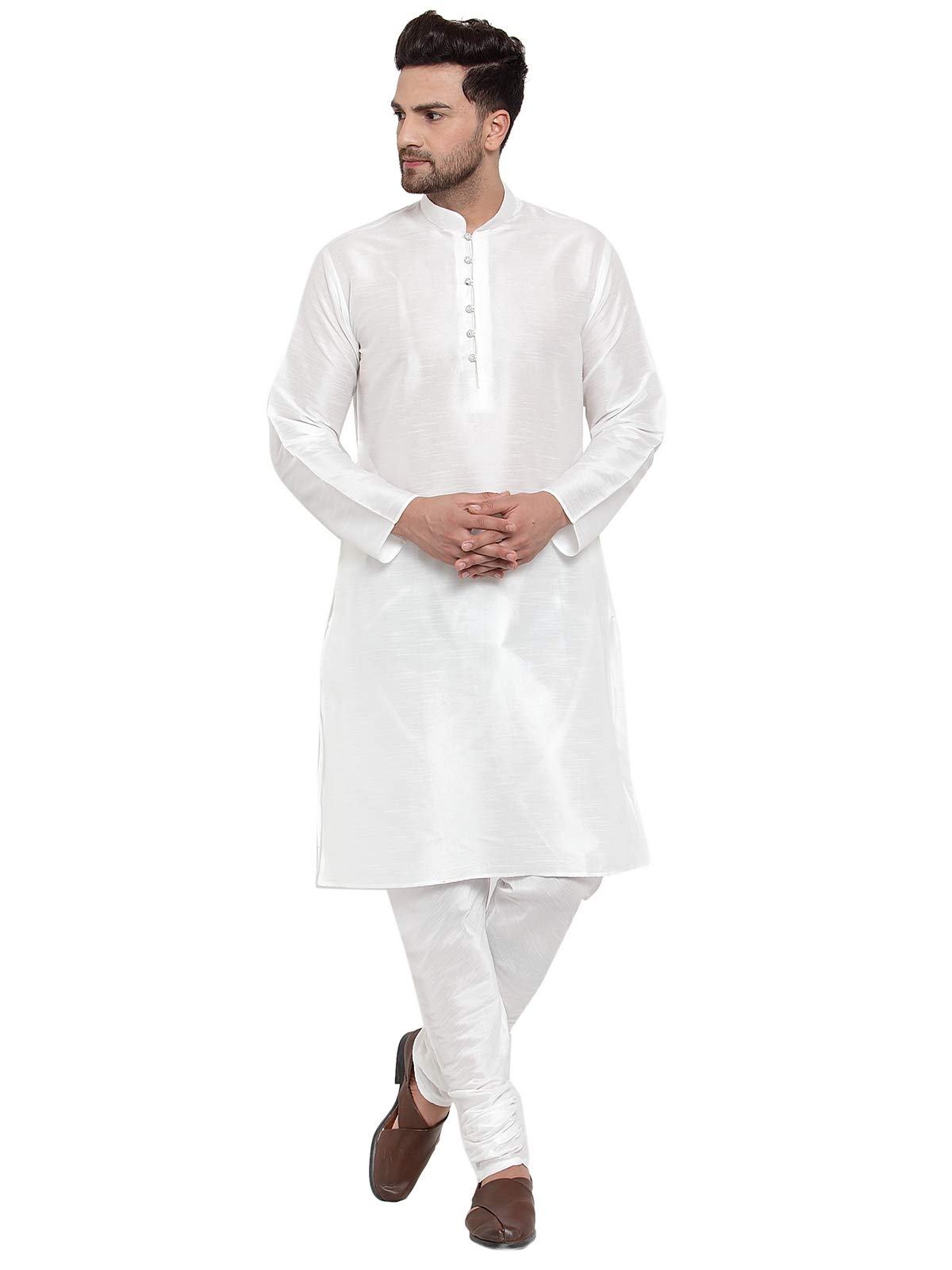 kraft india Men's Silk Blend Mandarin Collar Straight Olive Kurta With Churidar-picture-19