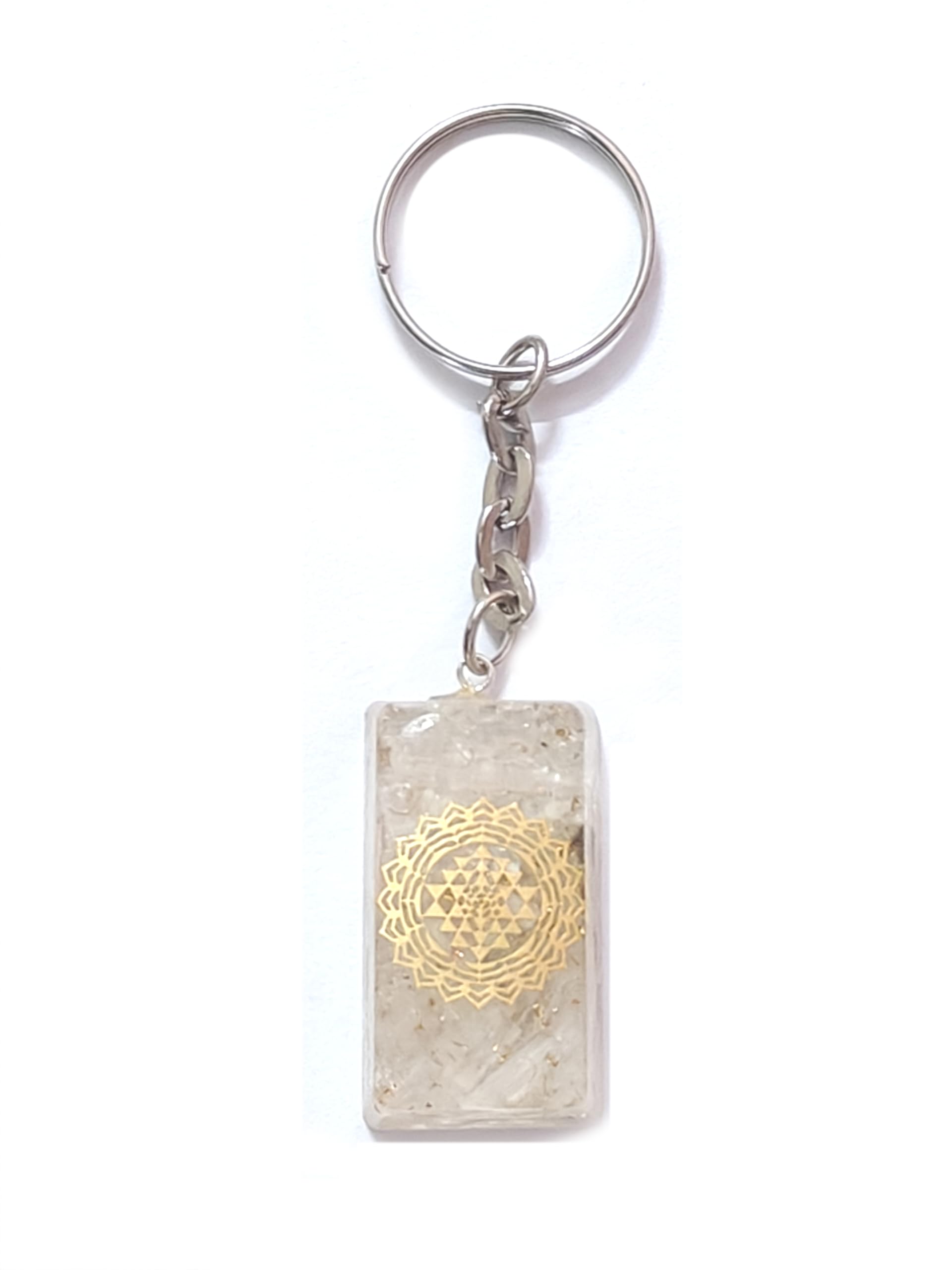 Shri yantra Laxmi Yantra Clear Quartz Crystal Chips Inside Orgone key Chain key Ring-image-7