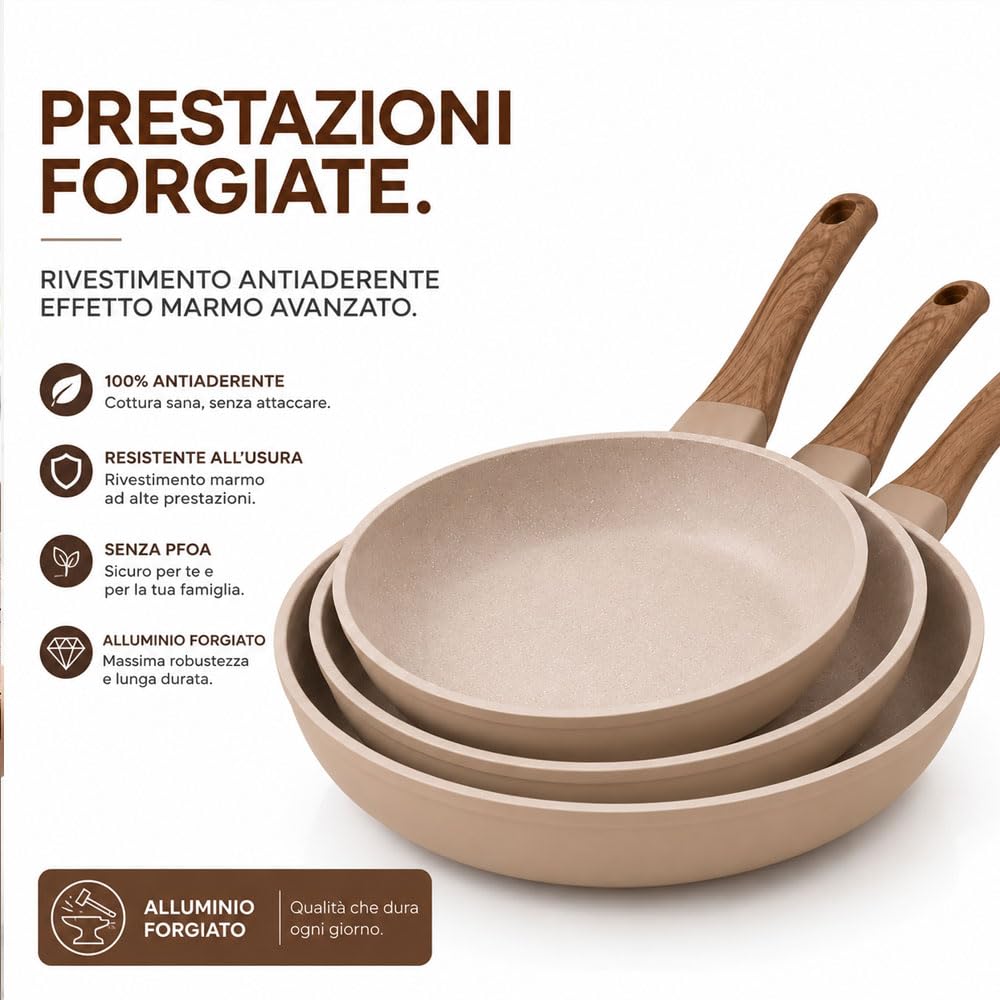 081 Store - Set 3 Padelle Antiaderenti 20, 24 e 28 cm, Padelle per Induzione, Gas e Tutti i Piani Cottura, Rivestimento Effetto Granito, Alluminio Forgiato, Senza PFOA, Manici Ergonomici Effetto Legno