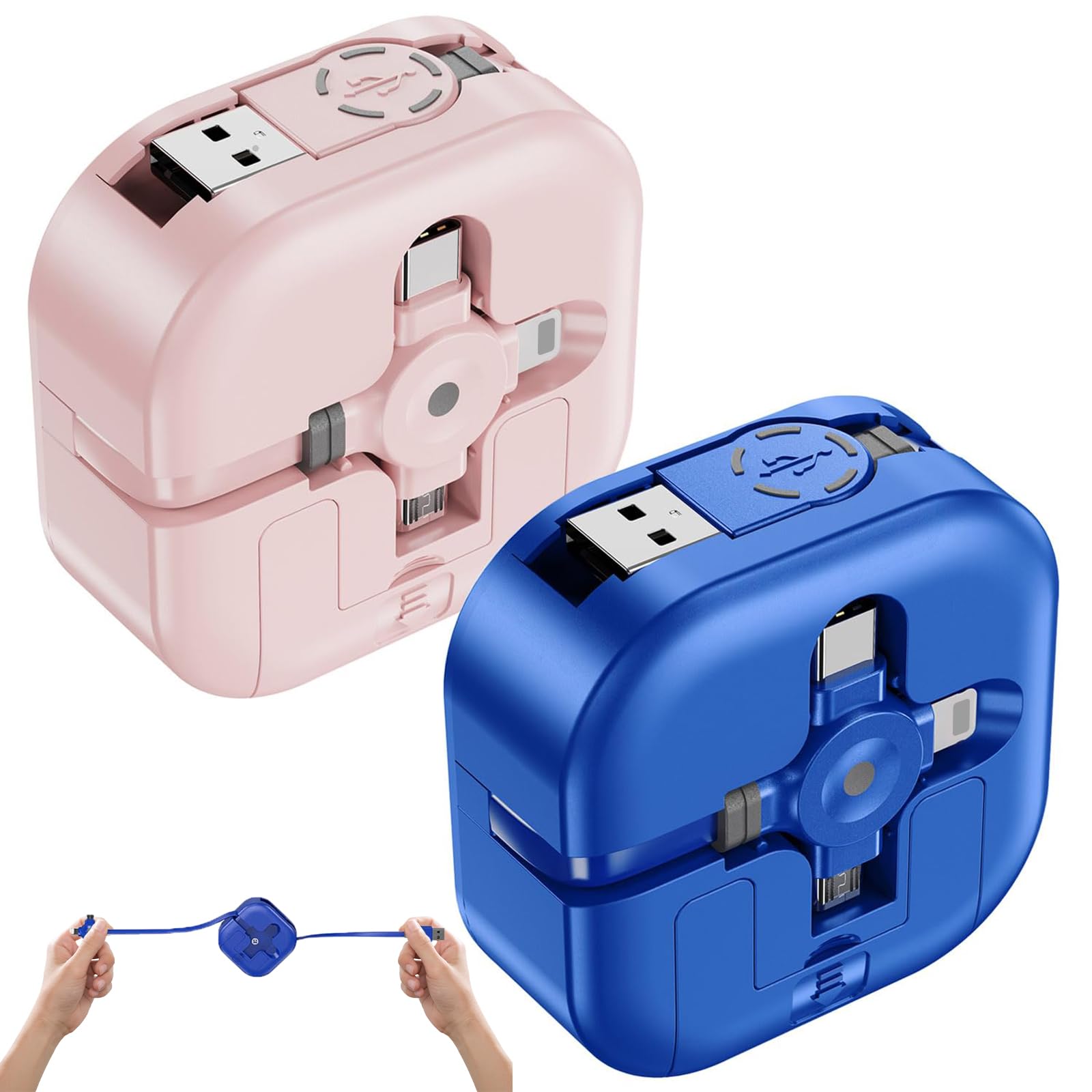 2Pcs 3 In 1 Data Cable Phone Stand, 3A Fast Charger Cable 1m, Multi Charging Cable, Retractable Charging Cable With Light-ning/Type C/Micro Usb Ports For Laptops, Phones And Other Types (Blue+Pink)