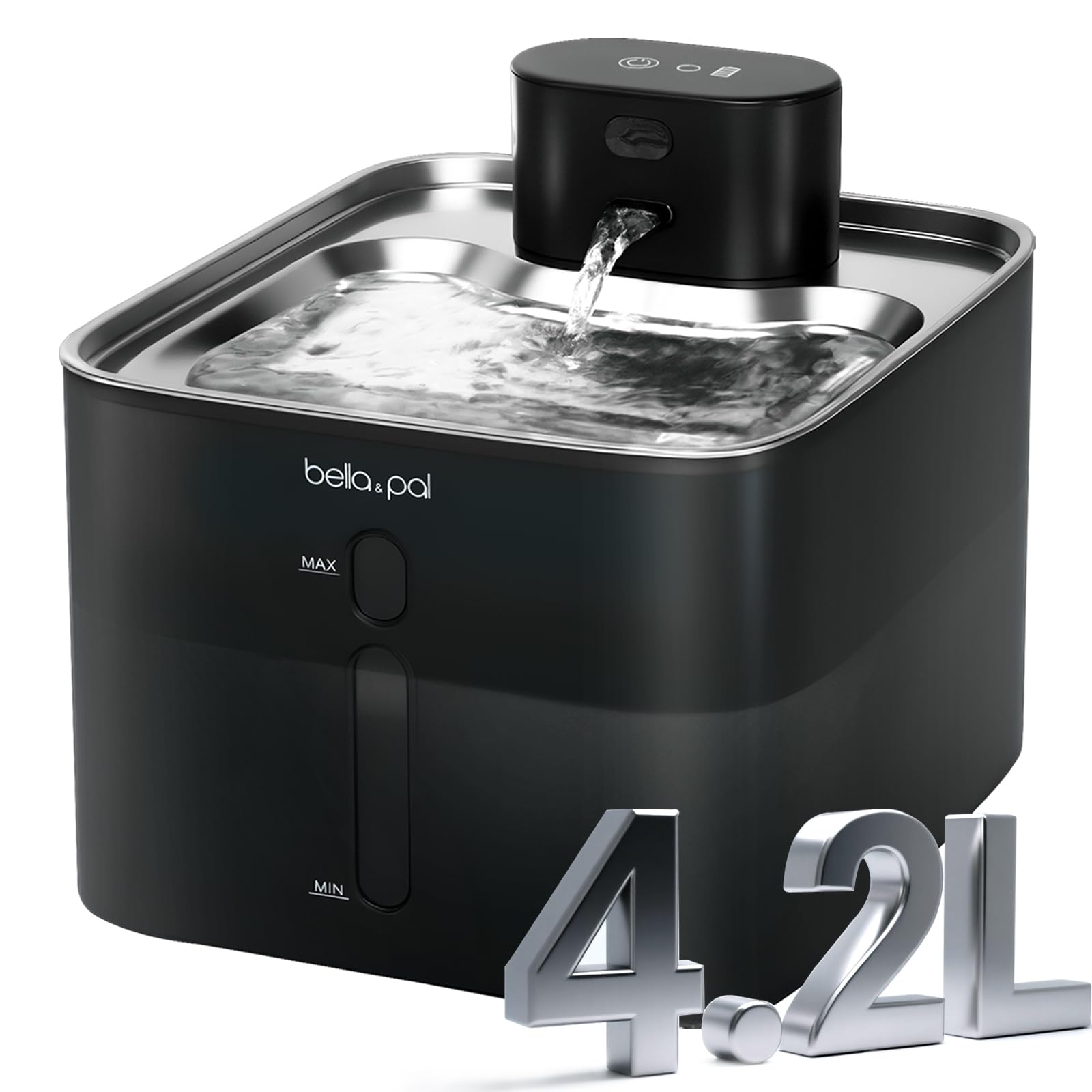BELLA & PAL BELLA & PAL Kabelloser Katzenwasserbrunnen - 4,2 l Edelstahl, 5000 mAh wiederaufladbarer Akku, intelligenter Bewegungssensor, leise integrierte Pumpe, leicht zu reinigen, Multi-Haustier-Wasserspender