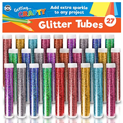 SOL 27pk Kids Glitter Tubes in 10 Assorted Vibrant Colours - Fine Glitter for Arts and Crafts Slime Card Making Nail Art and Decorations - Easy-Pour Shaker Pots for Kids and Adults