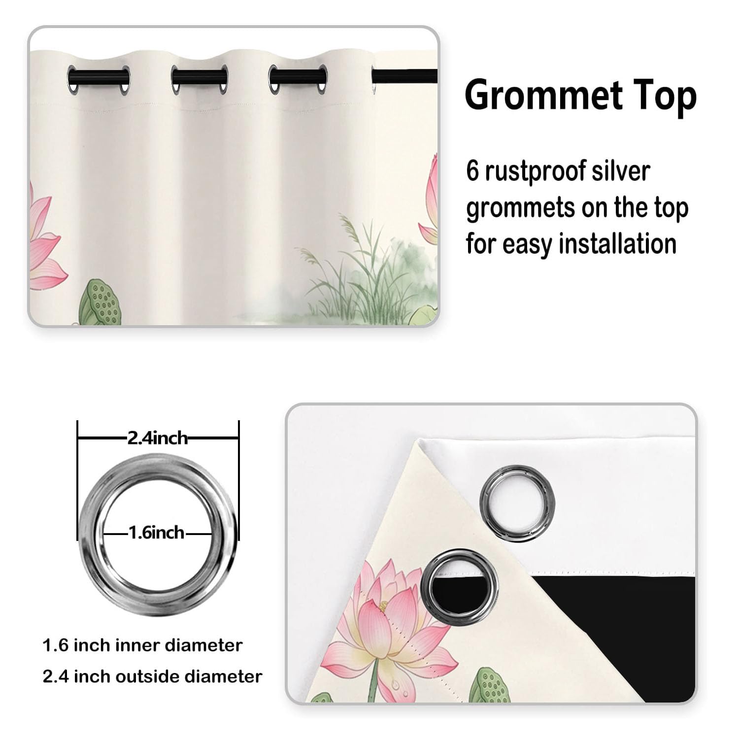 Cortinas Opacas De Paisaje De Loto Chino Plantas Frescas En Acuarela | Juego De 2 Unidades, Cortinas Opacas con Ojales, Blanco, Aislamiento Térmico para Salón Dormitorio, 140Anx240Al Cm