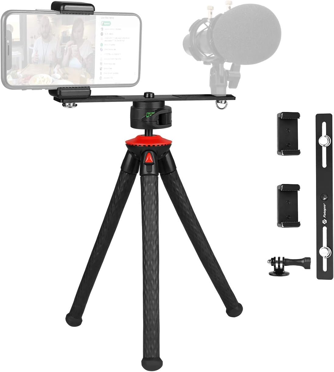 Fotopro Camera Tripod, Phone Tripod with Dual 1/4" Screw Camera Mount Tripod Bracket for Smartphone, Compatible with Bluetooth Control, Gopro Adapter, Phone Adapter for Samsung