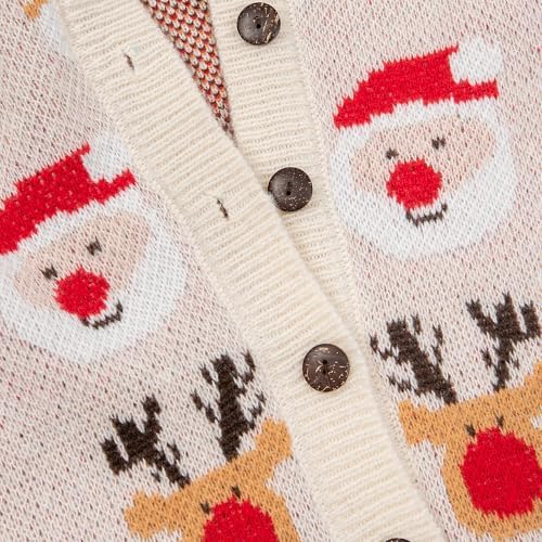 Detail of soft knit fabric, decorative buttons, and unique playful pattern on a cozy winter cardigan.