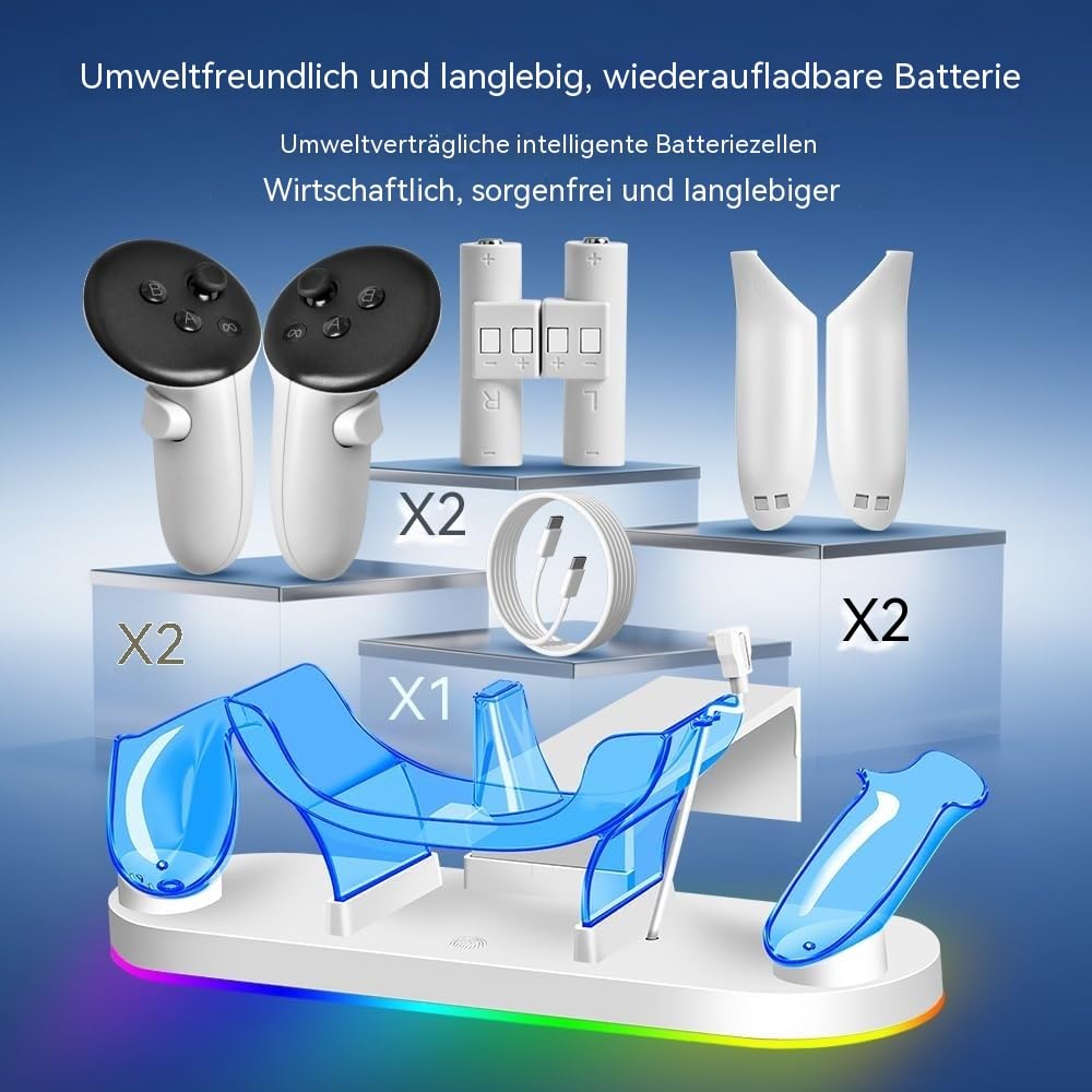 Ladebasis für Meta Quest 3/3S, 18W Schnellladegerät mit 2 wiederaufladbaren Akkus, 8 LED-Beleuchtungsmodi, USB-C Ladezubehör, Kompatibel mit Elite-Kopfgurt und Akkugurt