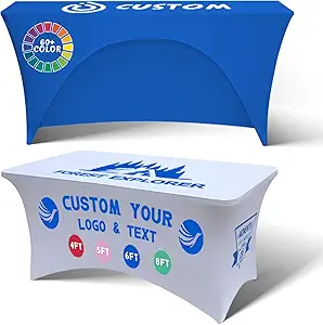 Personalized Table Cloth with Logo Image Customized Tablecloth 4FT/5FT/6FT/8FT Spandex Customized Table Cover Promotional Business Tradeshow Events Birthday Party Wedding (6FT Spandex(Open back))