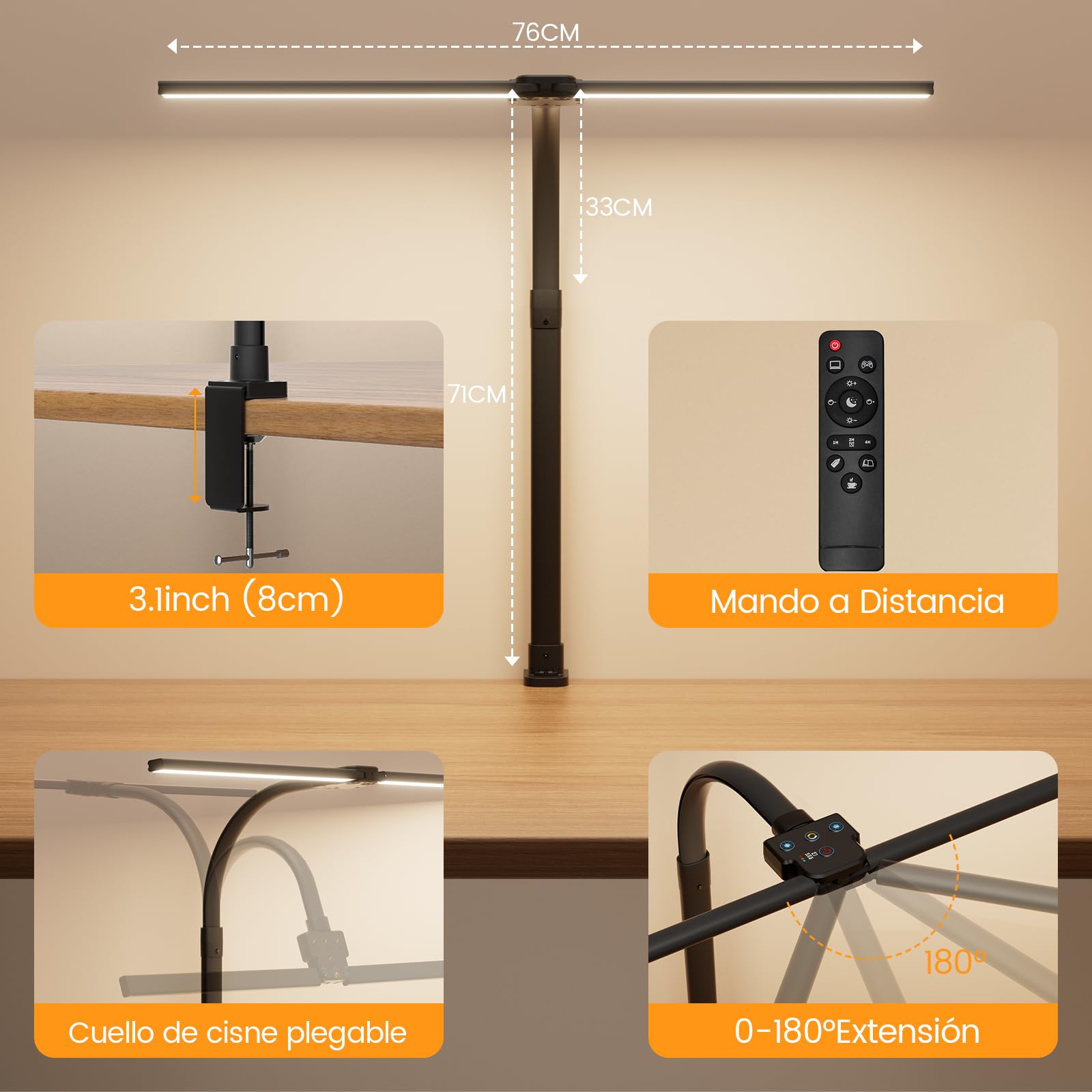 Lámpara de escritorio de doble cabeza LED, 24W 76CM Lámpara de escritorio con pinza para oficina en casa, 3200K-6500K Lámpara de cuello de cisne para oficina, lámpara de mesa para protección