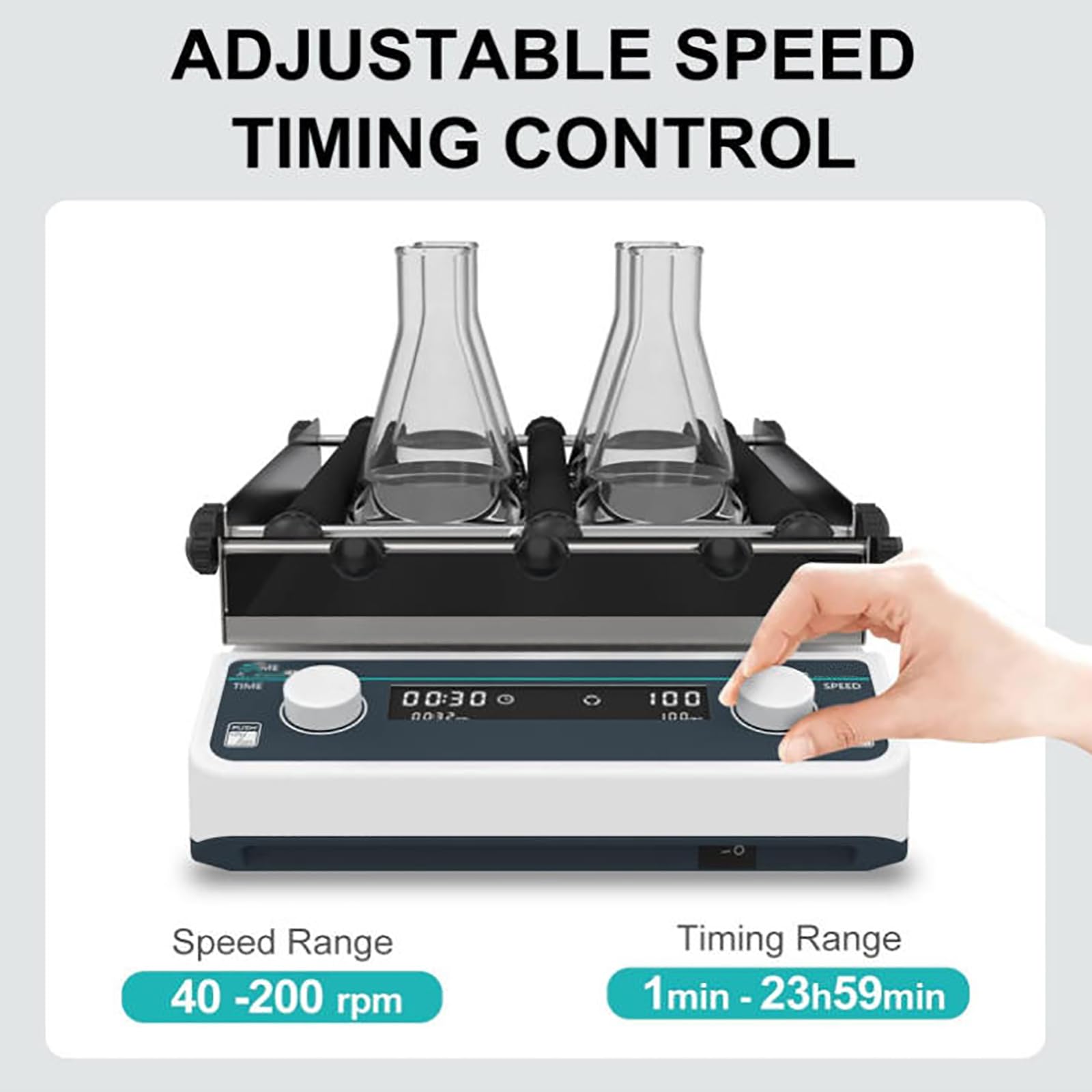 MObyat Agitador Digital para Utensilios de Laboratorio, con Modo Continuo o Temporizador, Velocidad Ajustable de 40 a 200 RPM, Carga máxima de 2 kg, palé de 250 x 250 mm, para Laboratorios