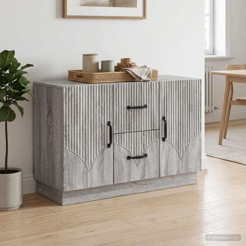 Sonoma szary kredens 89 x 34,5 x 57 cm, materiał drewnopochodny z 2 szufladami i 2 drzwiami, dużo miejsca do przechowywania do salonu, jadalni, kuchni, przedpokoju i biura