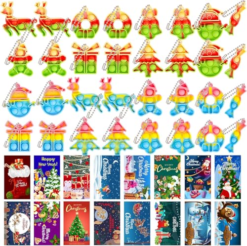 HOUT 32 PCS Pop Keyring Christmas Stocking Fillers for Kids - Party Bag Fillers for Kids with 32 Christmas Cards - Poppet It Fidget Toys Pack - Eve Box Fillers - Party Favours
