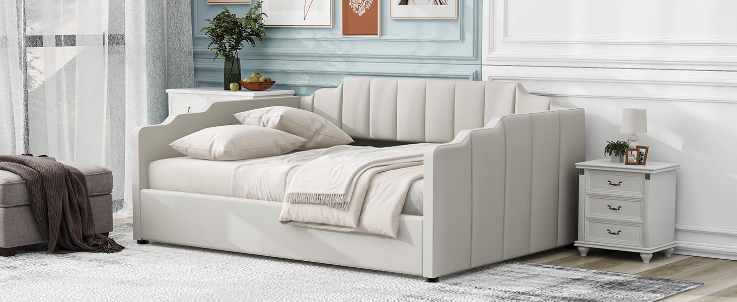 Upholstered Daybed with Underneath Storage,Full Size, Beige