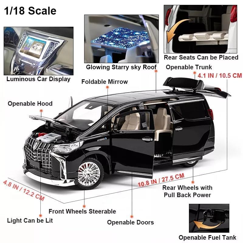 Image of WORSHIPER 1:18 Scale Big Toyotaa Alphard - Black Alloy Diecast Pullback Metal Car Toy with Sound Light & Opening Doors - Best Gift Toy for Kids