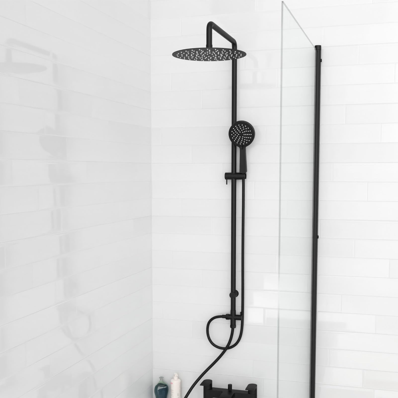 Nes Home Modern Exposed Round Shower Mixer Handset & Riser Rail Kit Matte Black